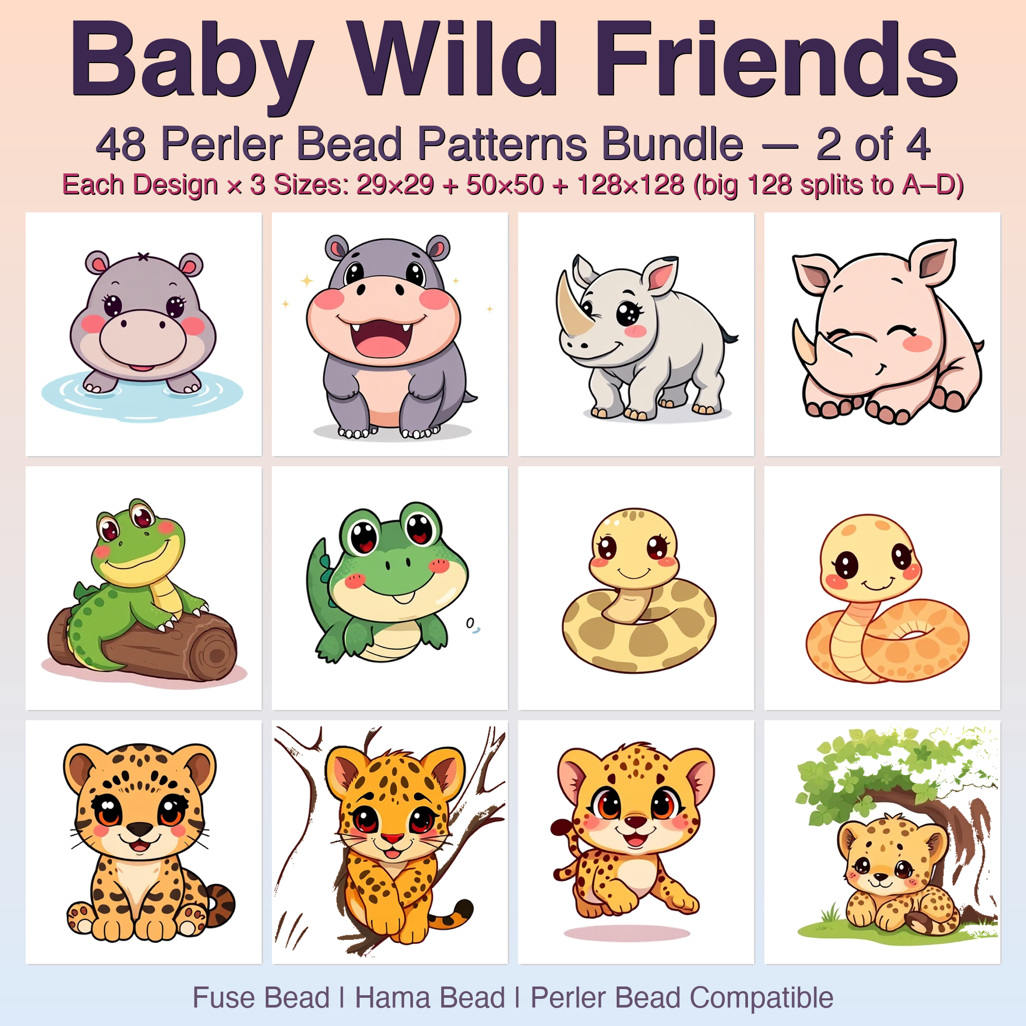 Baby Wild Friends Perler Bead Patterns Bundle, 48 Designs (PDF Digital Download)