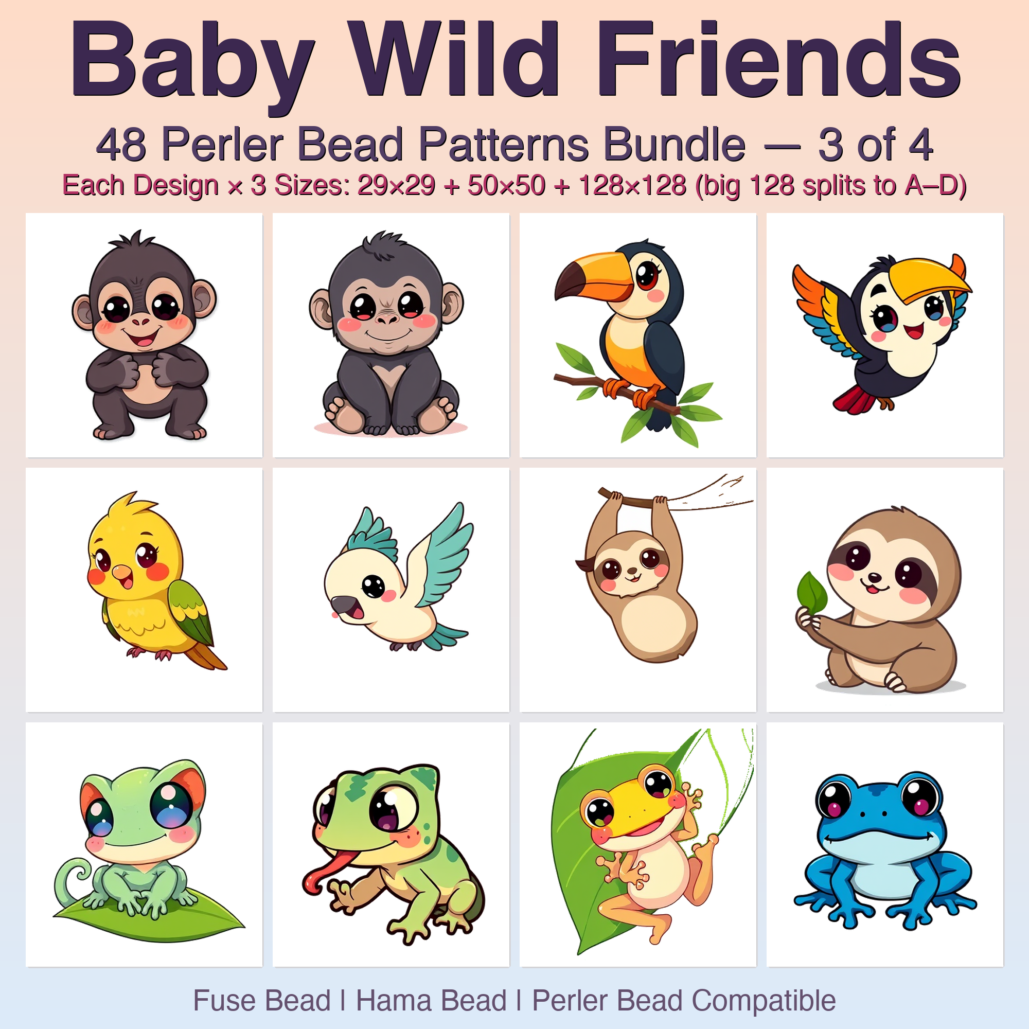 Baby Wild Friends Perler Bead Patterns Bundle, 48 Designs (PDF Digital Download)