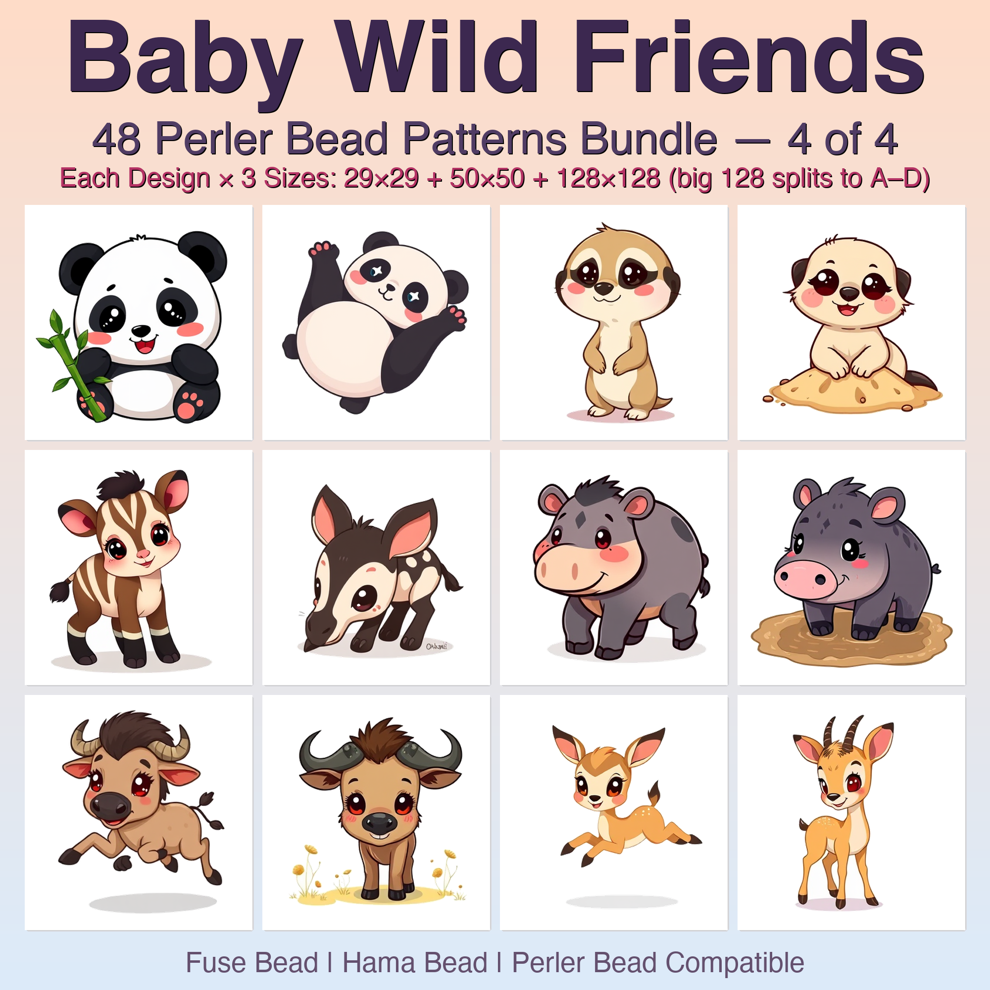 Baby Wild Friends Perler Bead Patterns Bundle, 48 Designs (PDF Digital Download)