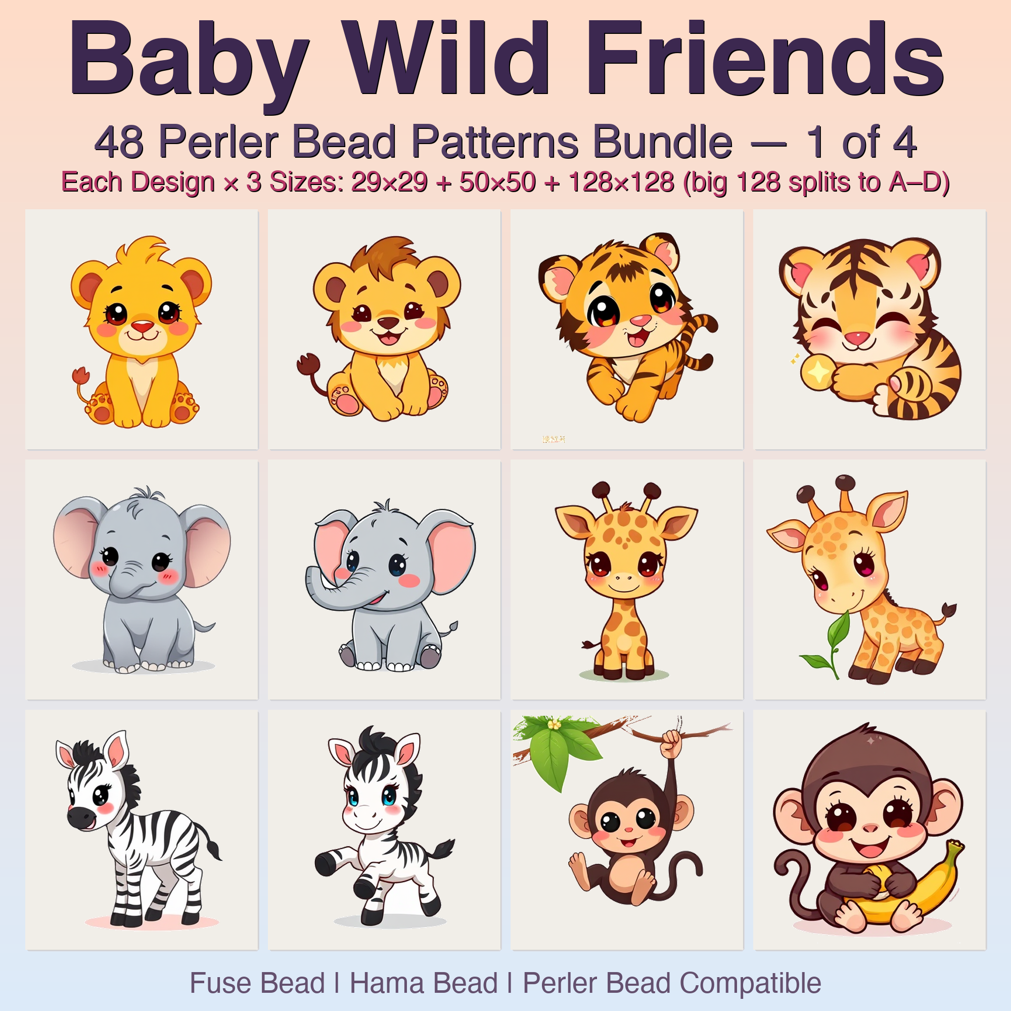 Baby Wild Friends Perler Bead Patterns Bundle, 48 Designs (PDF Digital Download)