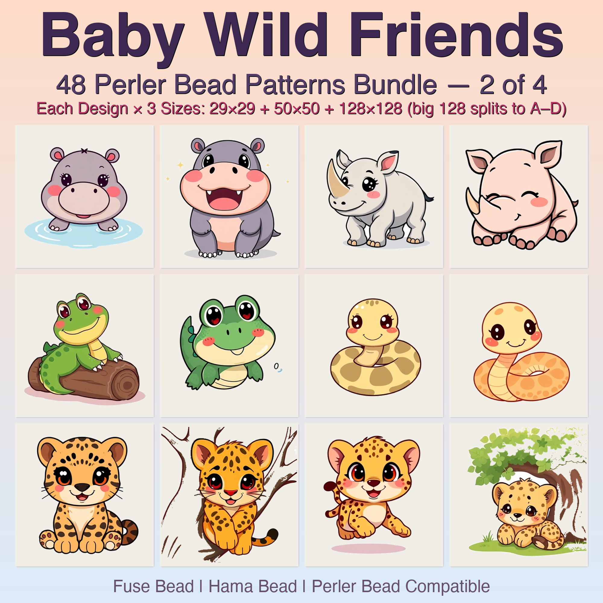 Baby Wild Friends Perler Bead Patterns Bundle, 48 Designs (PDF Digital Download)
