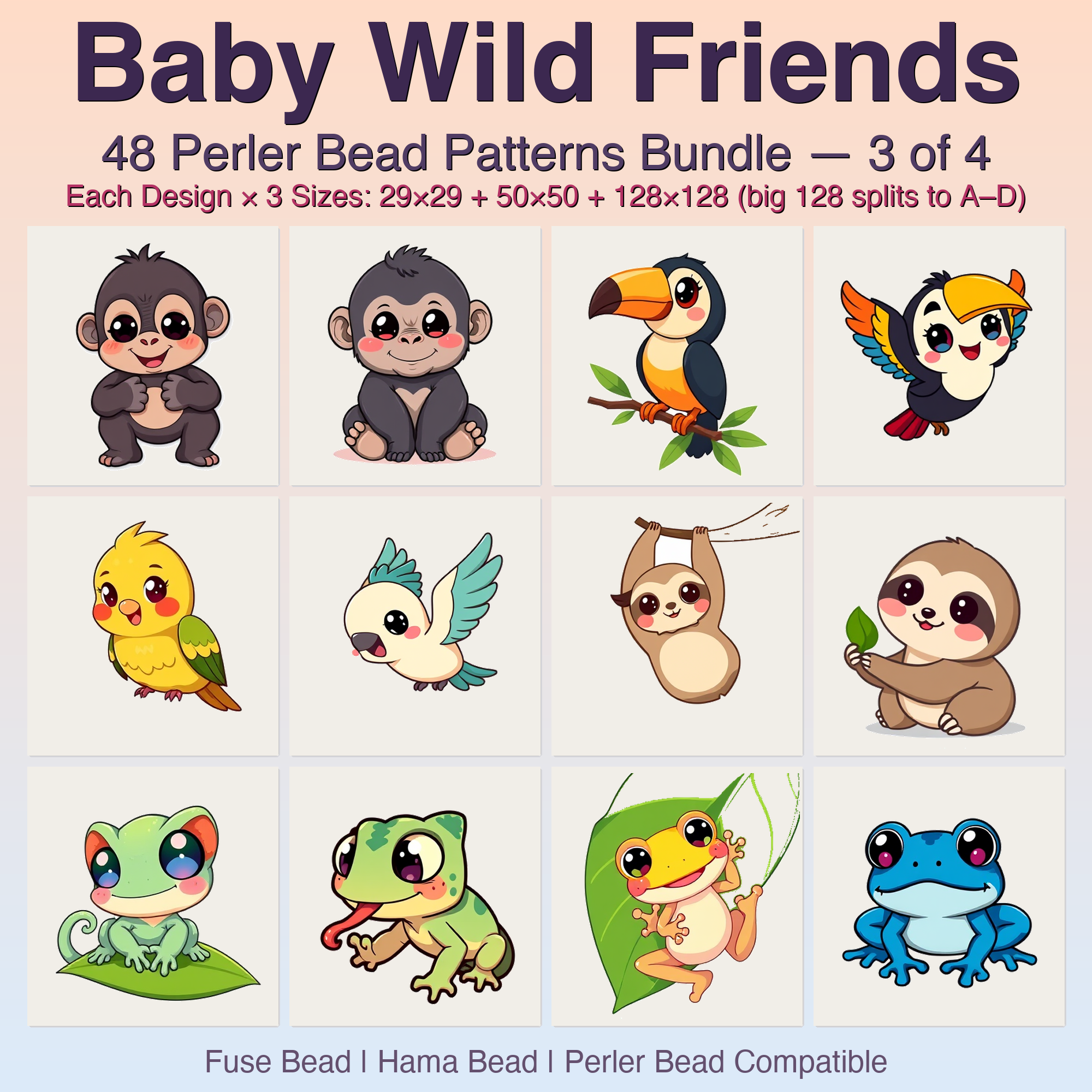 Baby Wild Friends Perler Bead Patterns Bundle, 48 Designs (PDF Digital Download)