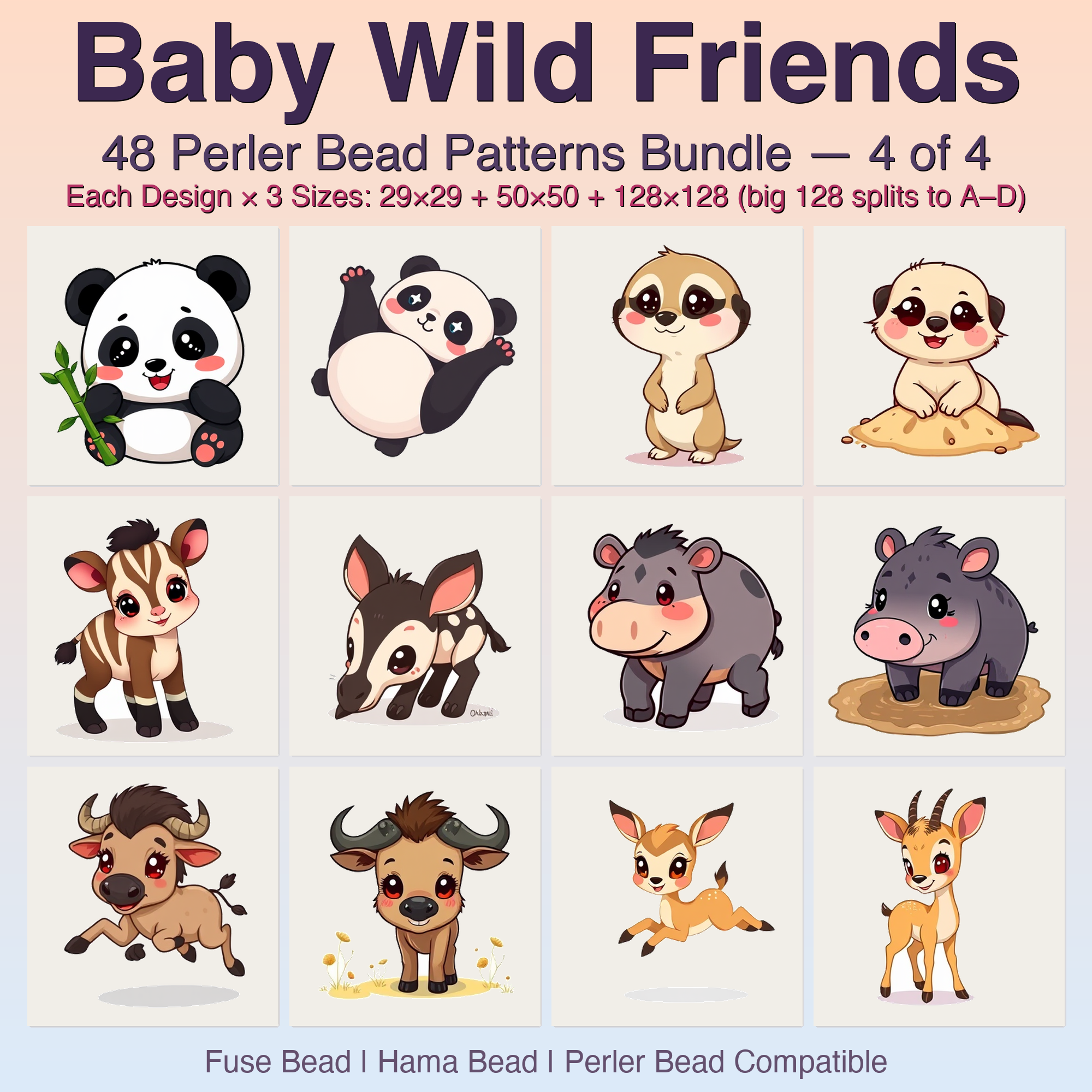Baby Wild Friends Perler Bead Patterns Bundle, 48 Designs (PDF Digital Download)