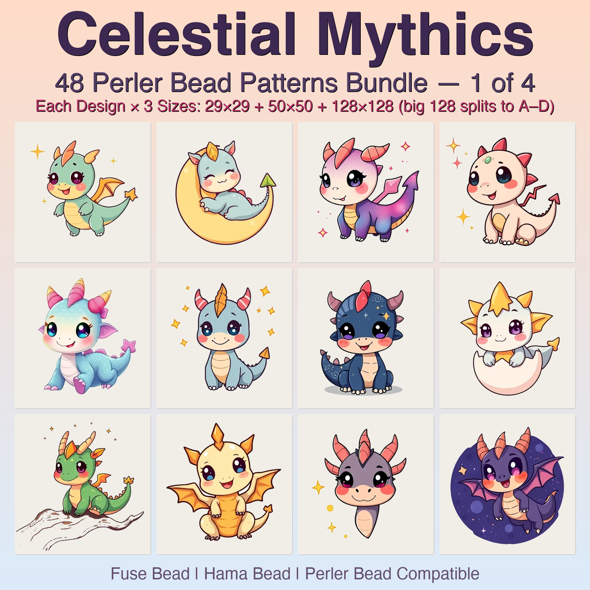 Celestial Mythics Perler Bead Patterns, 48 Designs x 3 Grid Sizes (29x29 + 50x50 + 128x128), Fuse Bead PDF Digital Download