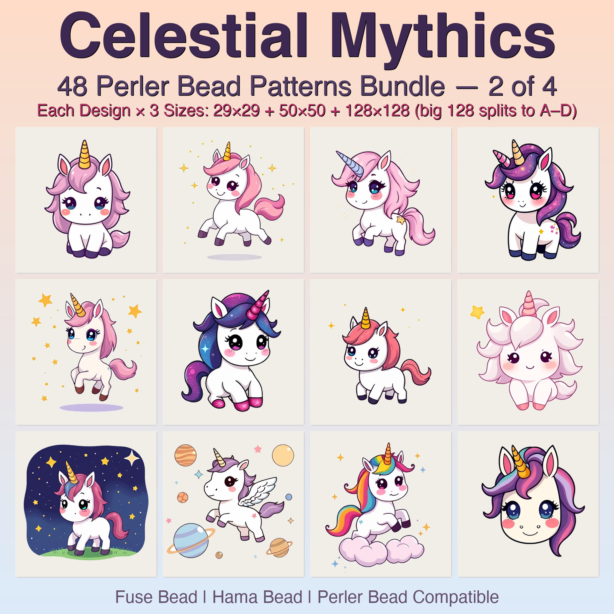 Celestial Mythics Perler Bead Patterns, 48 Designs x 3 Grid Sizes (29x29 + 50x50 + 128x128), Fuse Bead PDF Digital Download