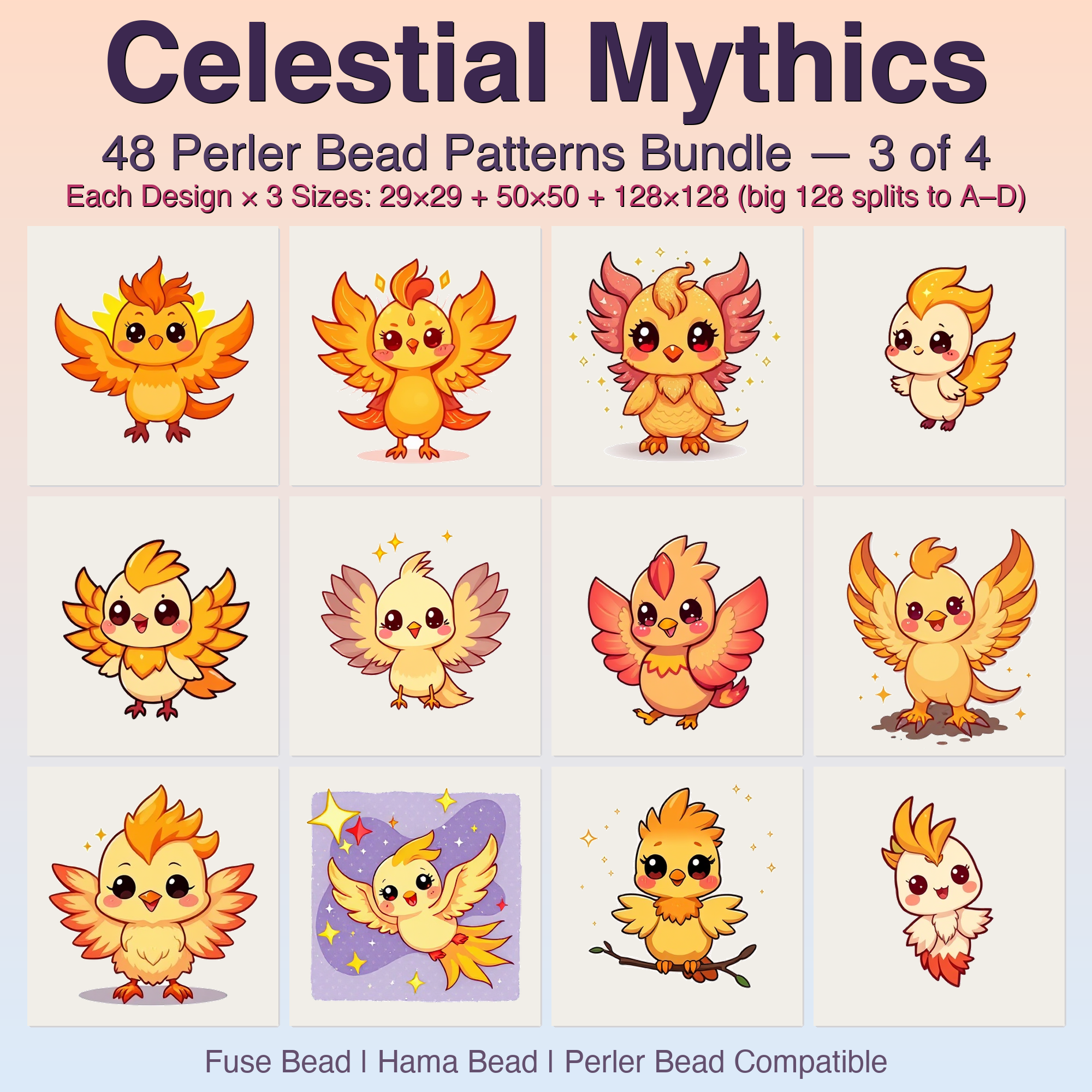 Celestial Mythics Perler Bead Patterns, 48 Designs x 3 Grid Sizes (29x29 + 50x50 + 128x128), Fuse Bead PDF Digital Download