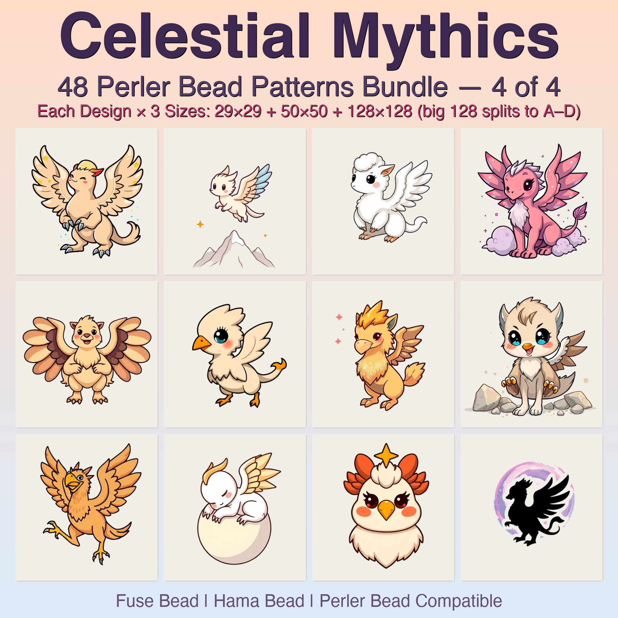 Celestial Mythics Perler Bead Patterns, 48 Designs x 3 Grid Sizes (29x29 + 50x50 + 128x128), Fuse Bead PDF Digital Download