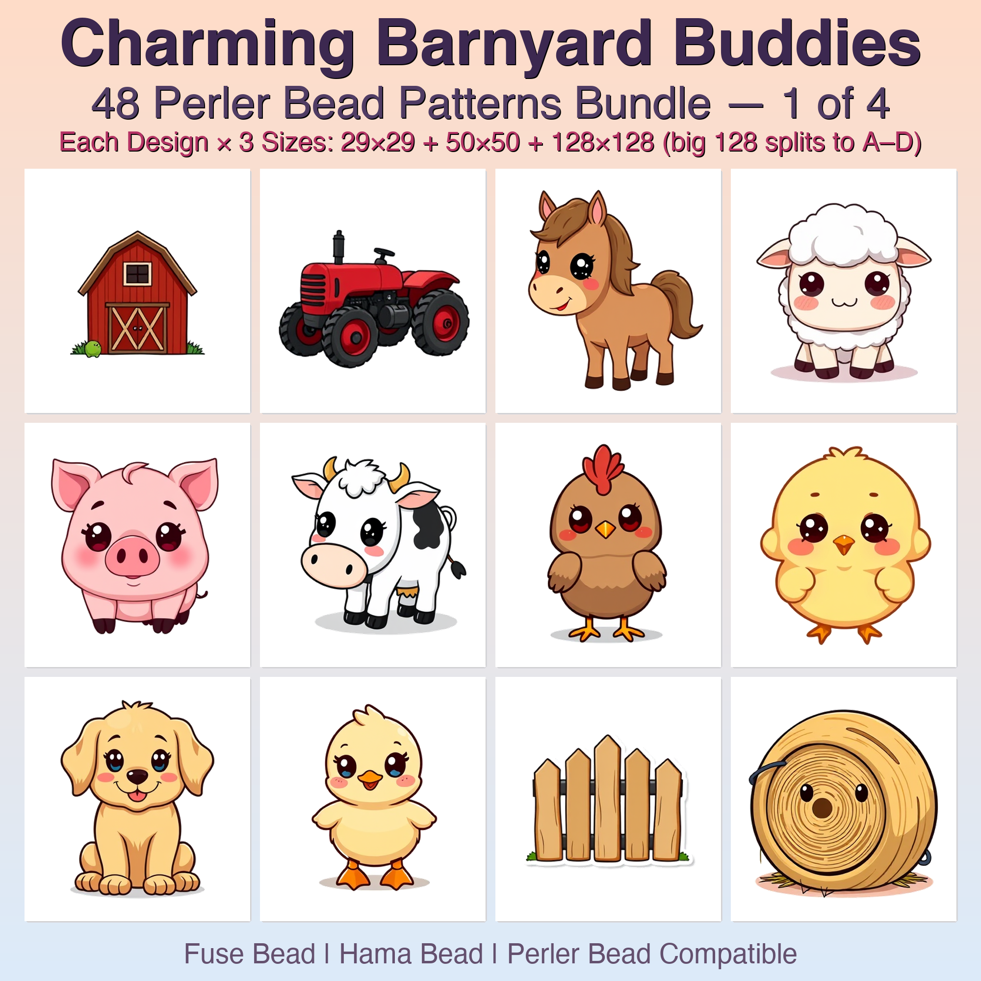 Charming Barnyard Buddies Perler Bead Patterns Bundle, 48 Designs (PDF Digital Download)