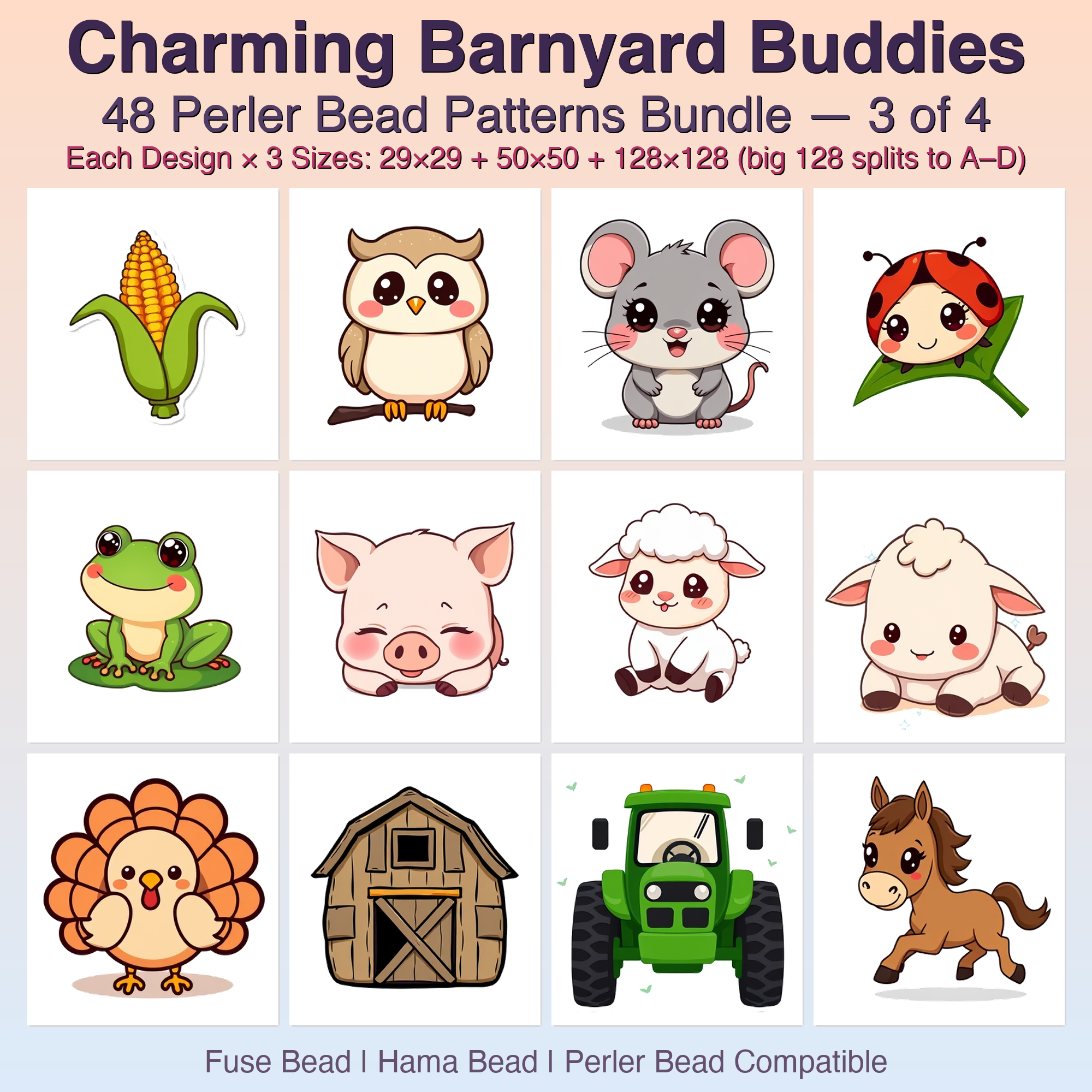 Charming Barnyard Buddies Perler Bead Patterns Bundle, 48 Designs (PDF Digital Download)