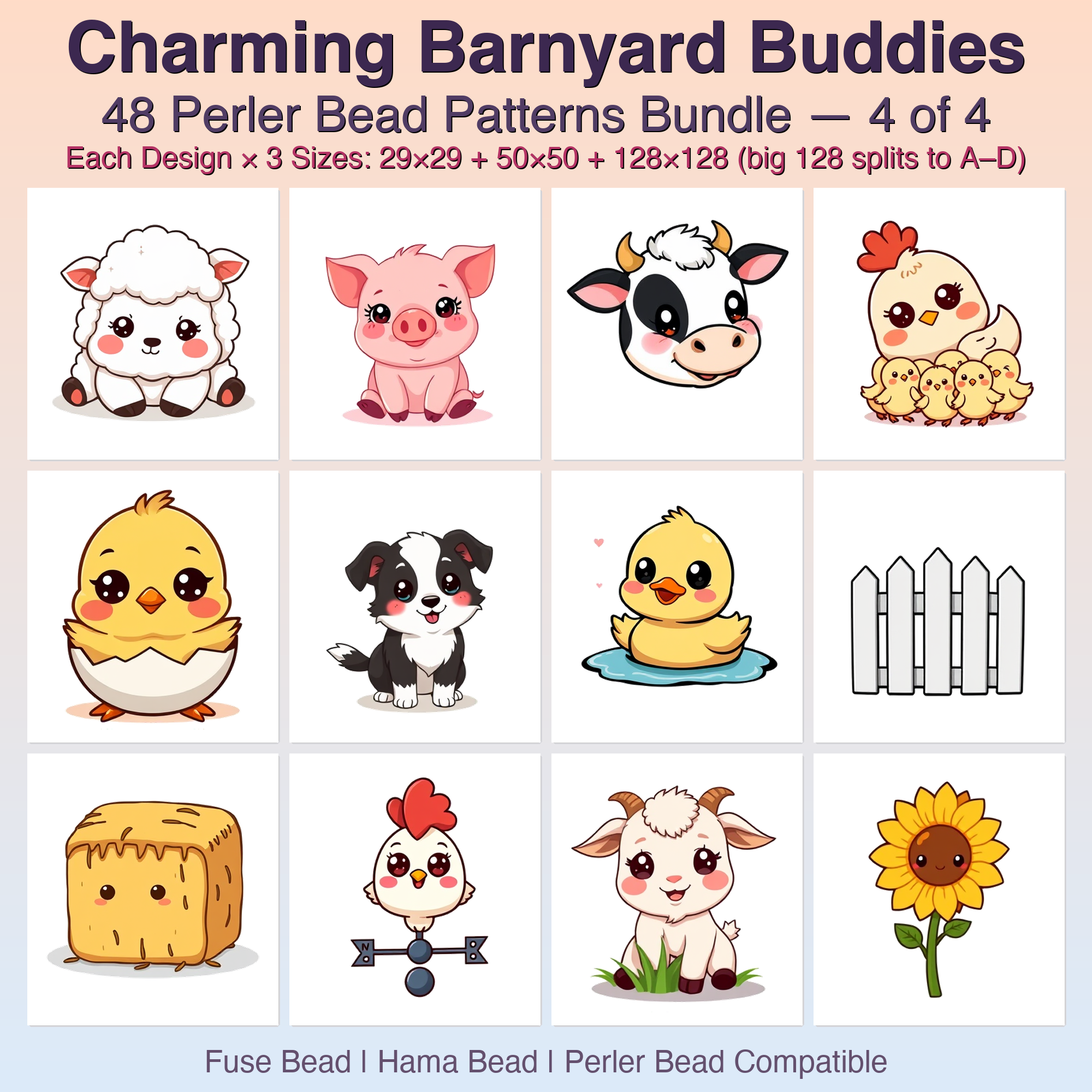 Charming Barnyard Buddies Perler Bead Patterns Bundle, 48 Designs (PDF Digital Download)