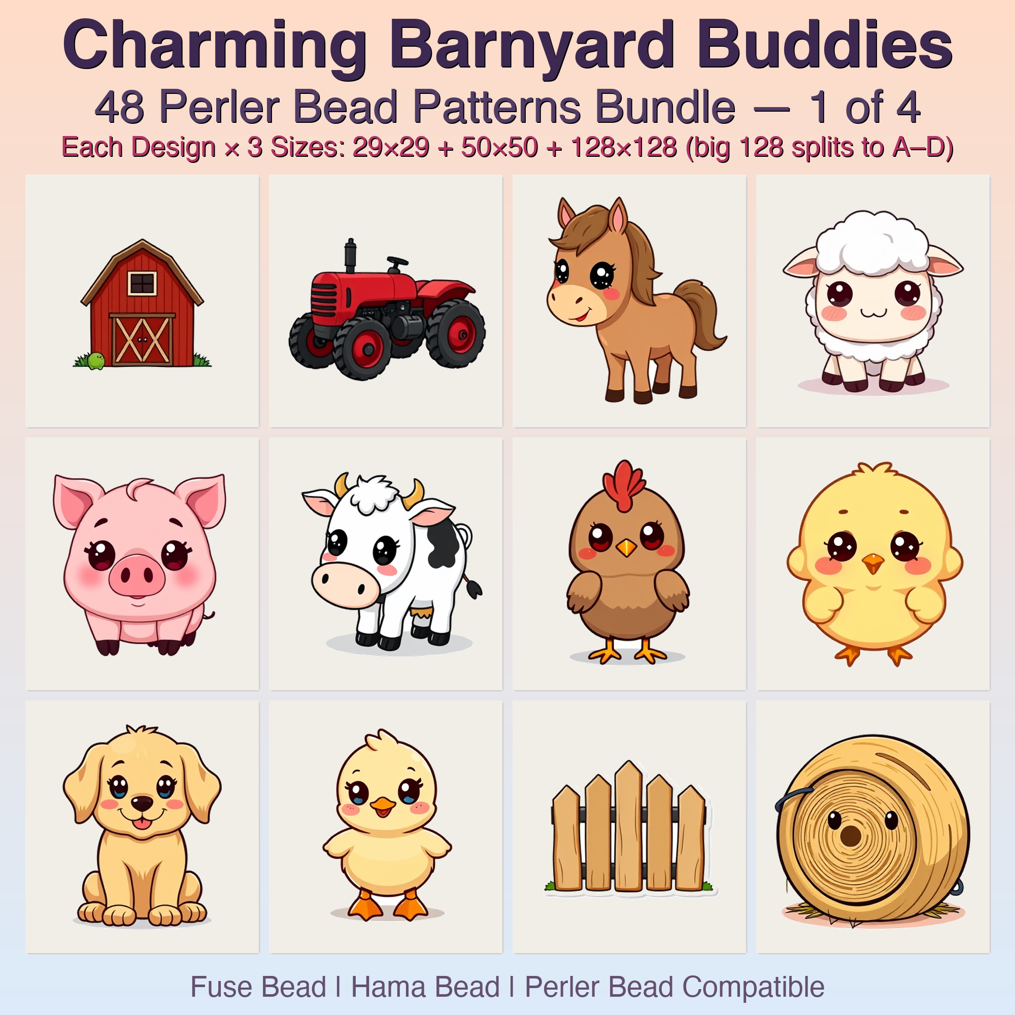 Charming Barnyard Buddies Perler Bead Patterns Bundle, 48 Designs (PDF Digital Download)