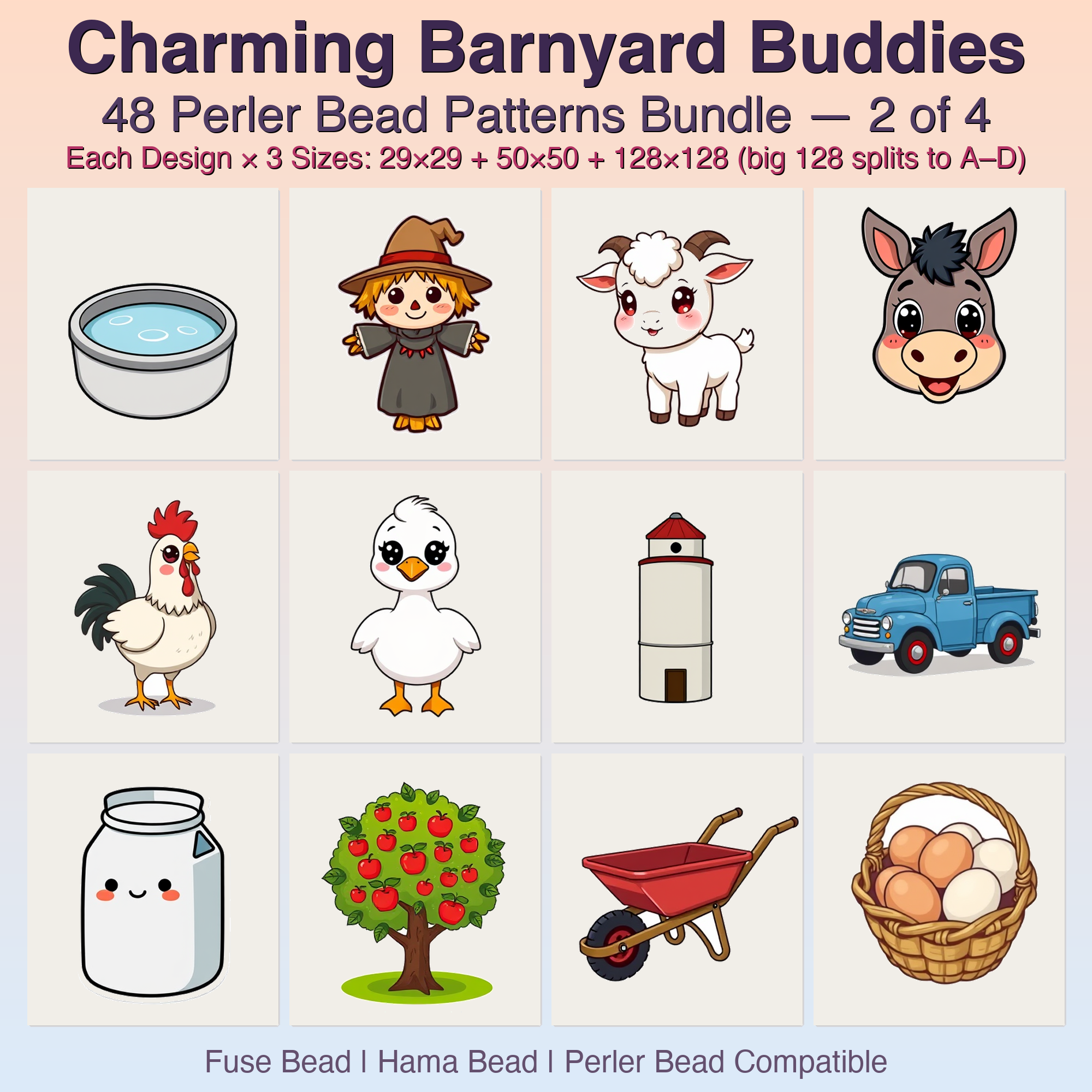 Charming Barnyard Buddies Perler Bead Patterns Bundle, 48 Designs (PDF Digital Download)