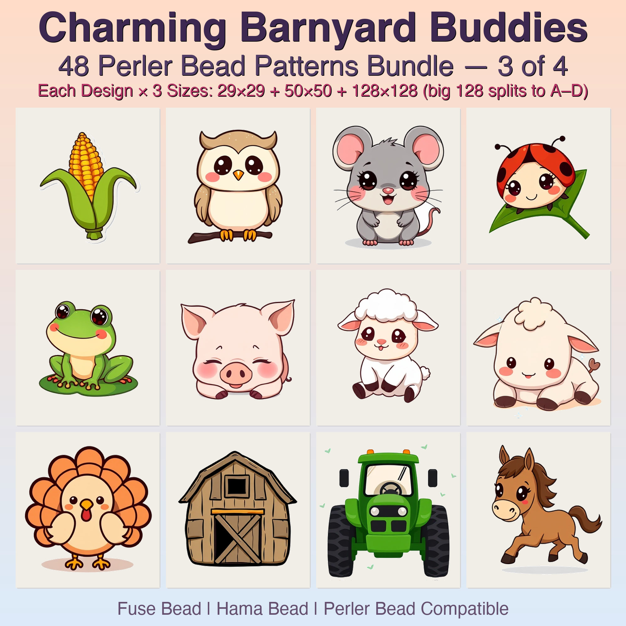Charming Barnyard Buddies Perler Bead Patterns Bundle, 48 Designs (PDF Digital Download)
