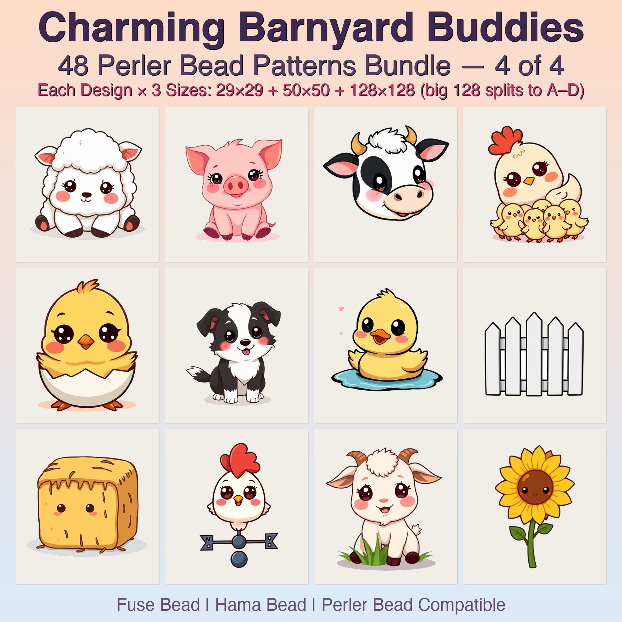 Charming Barnyard Buddies Perler Bead Patterns Bundle, 48 Designs (PDF Digital Download)