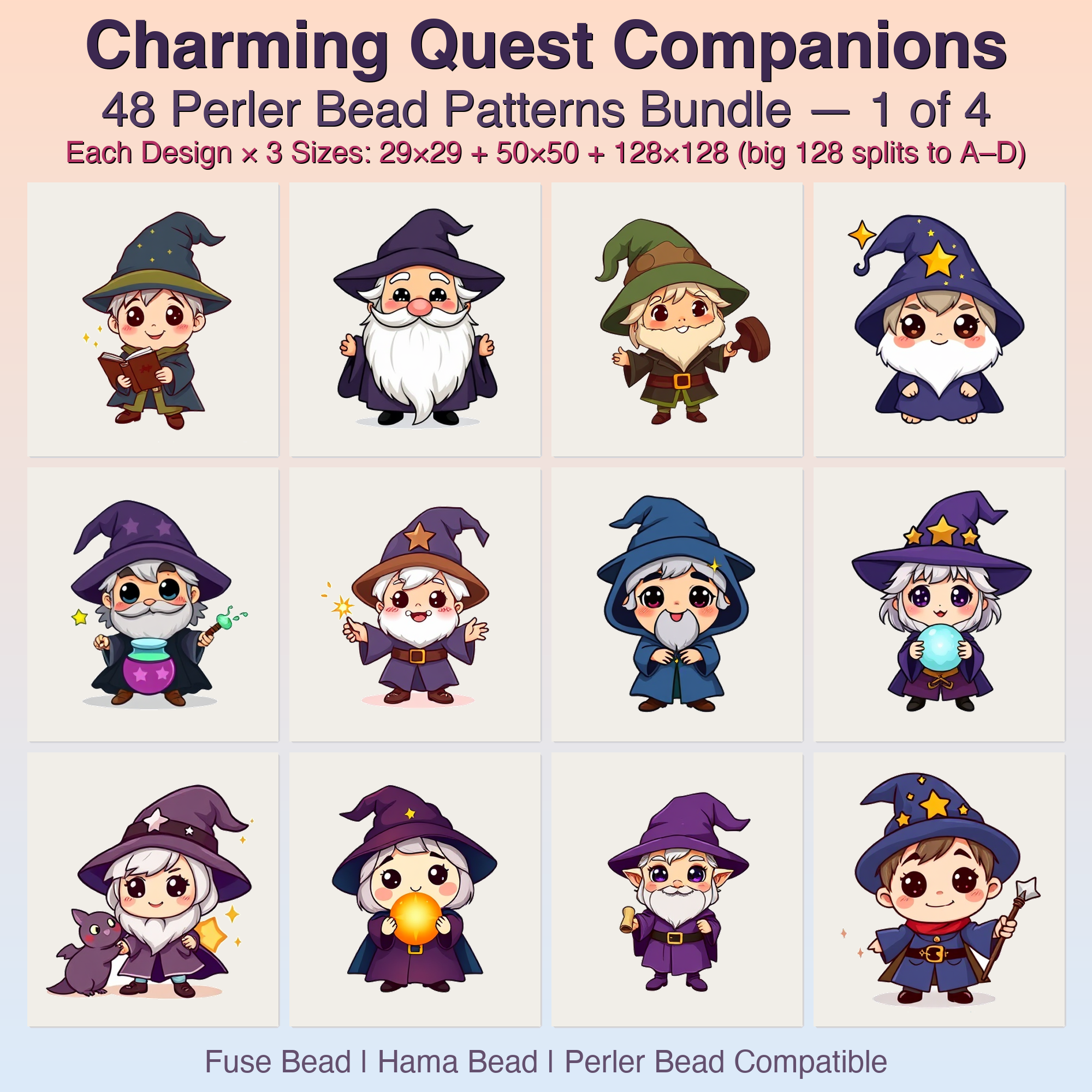 Charming Quest Companions Perler Bead Patterns, 48 Designs x 3 Grid Sizes (29x29 + 50x50 + 128x128), Fuse Bead PDF Digital Download