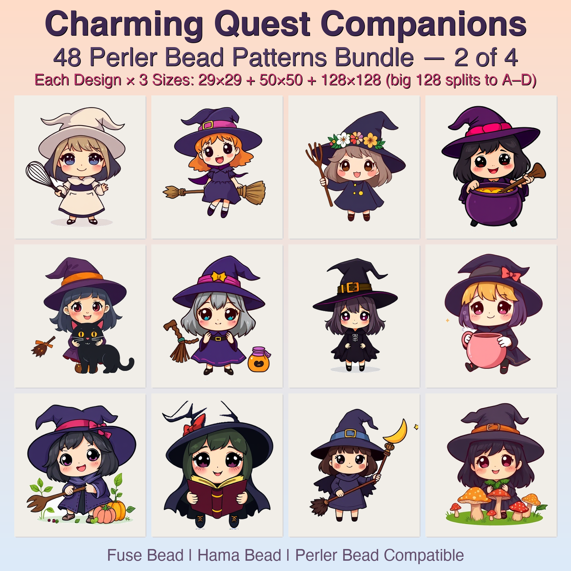 Charming Quest Companions Perler Bead Patterns, 48 Designs x 3 Grid Sizes (29x29 + 50x50 + 128x128), Fuse Bead PDF Digital Download