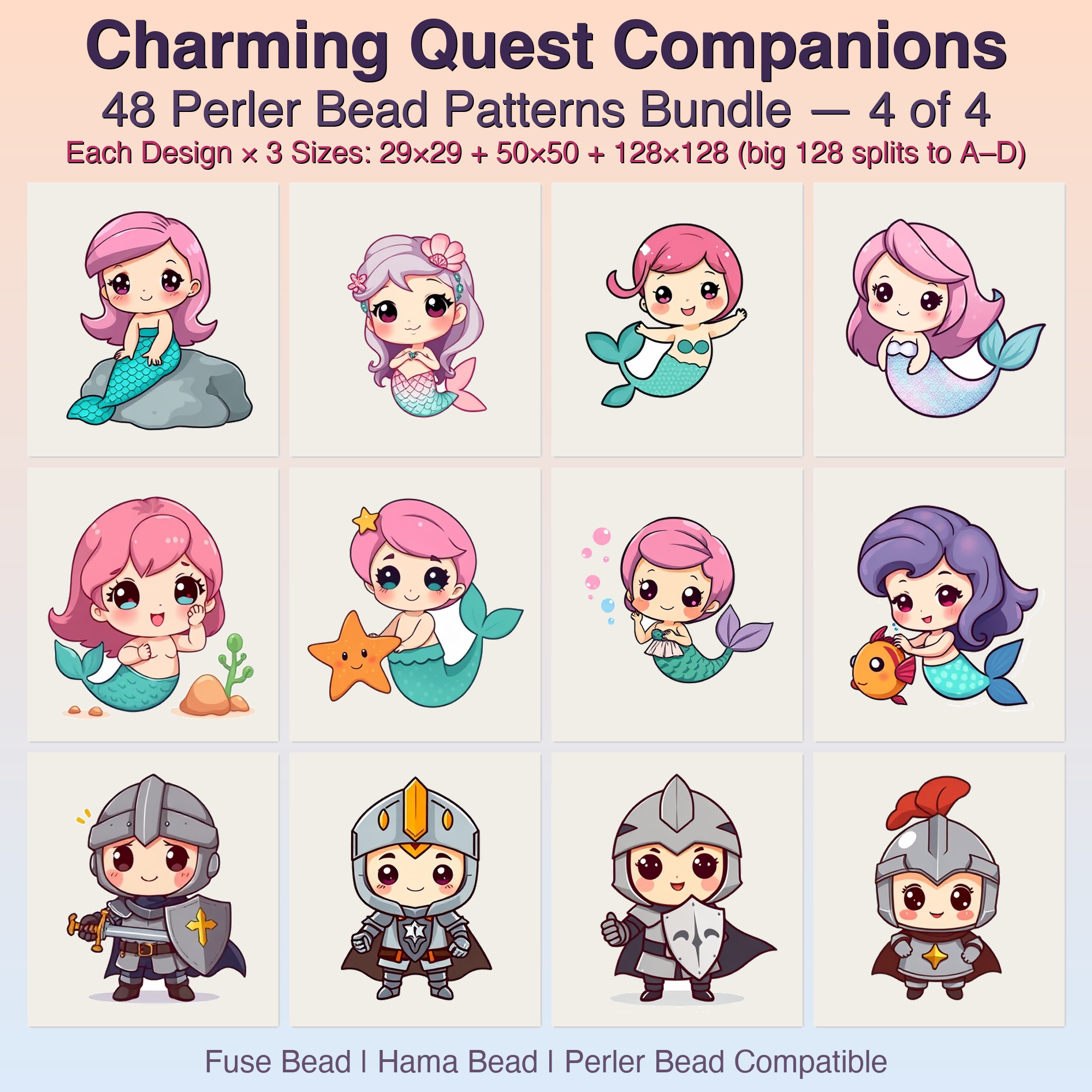 Charming Quest Companions Perler Bead Patterns, 48 Designs x 3 Grid Sizes (29x29 + 50x50 + 128x128), Fuse Bead PDF Digital Download