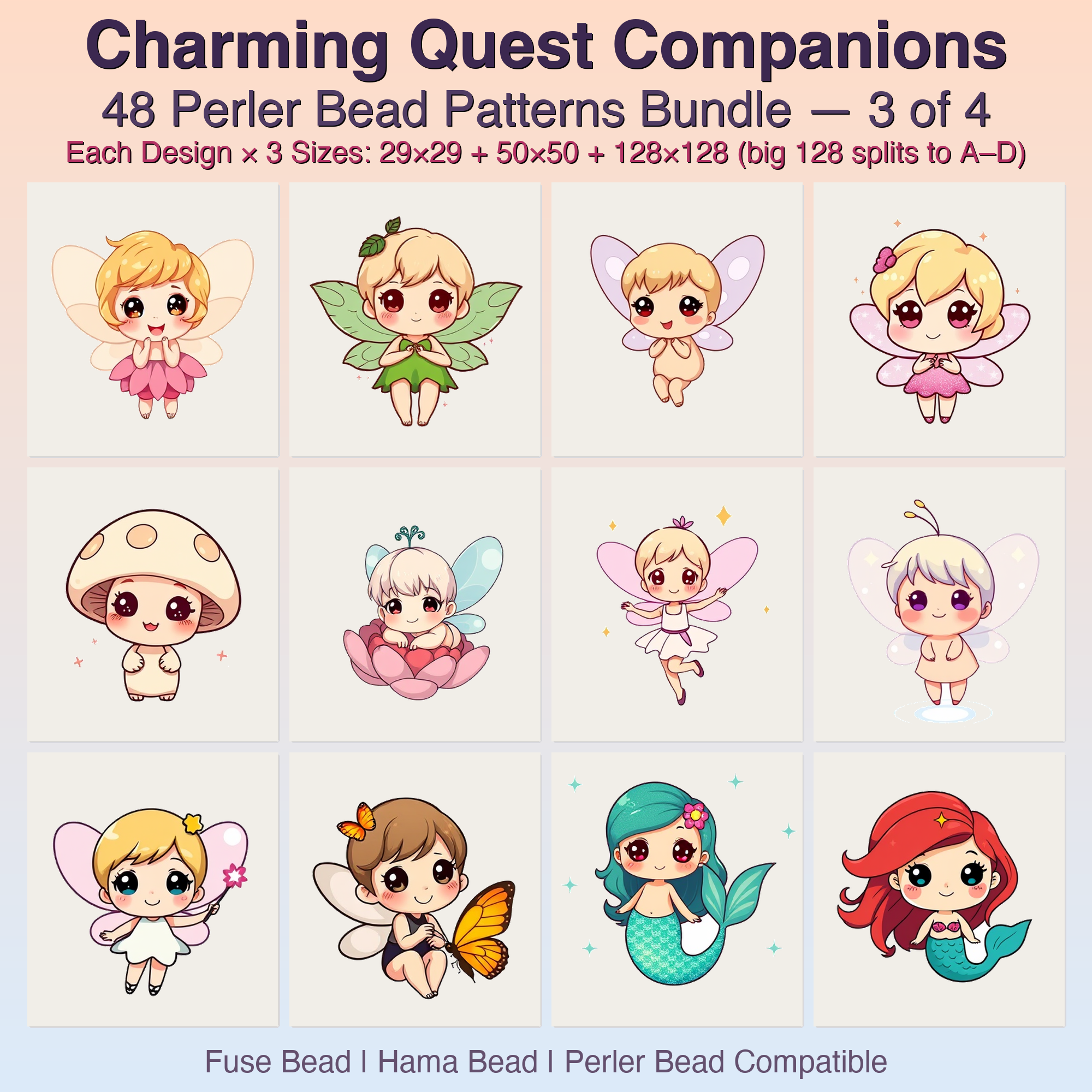 Charming Quest Companions Perler Bead Patterns, 48 Designs x 3 Grid Sizes (29x29 + 50x50 + 128x128), Fuse Bead PDF Digital Download