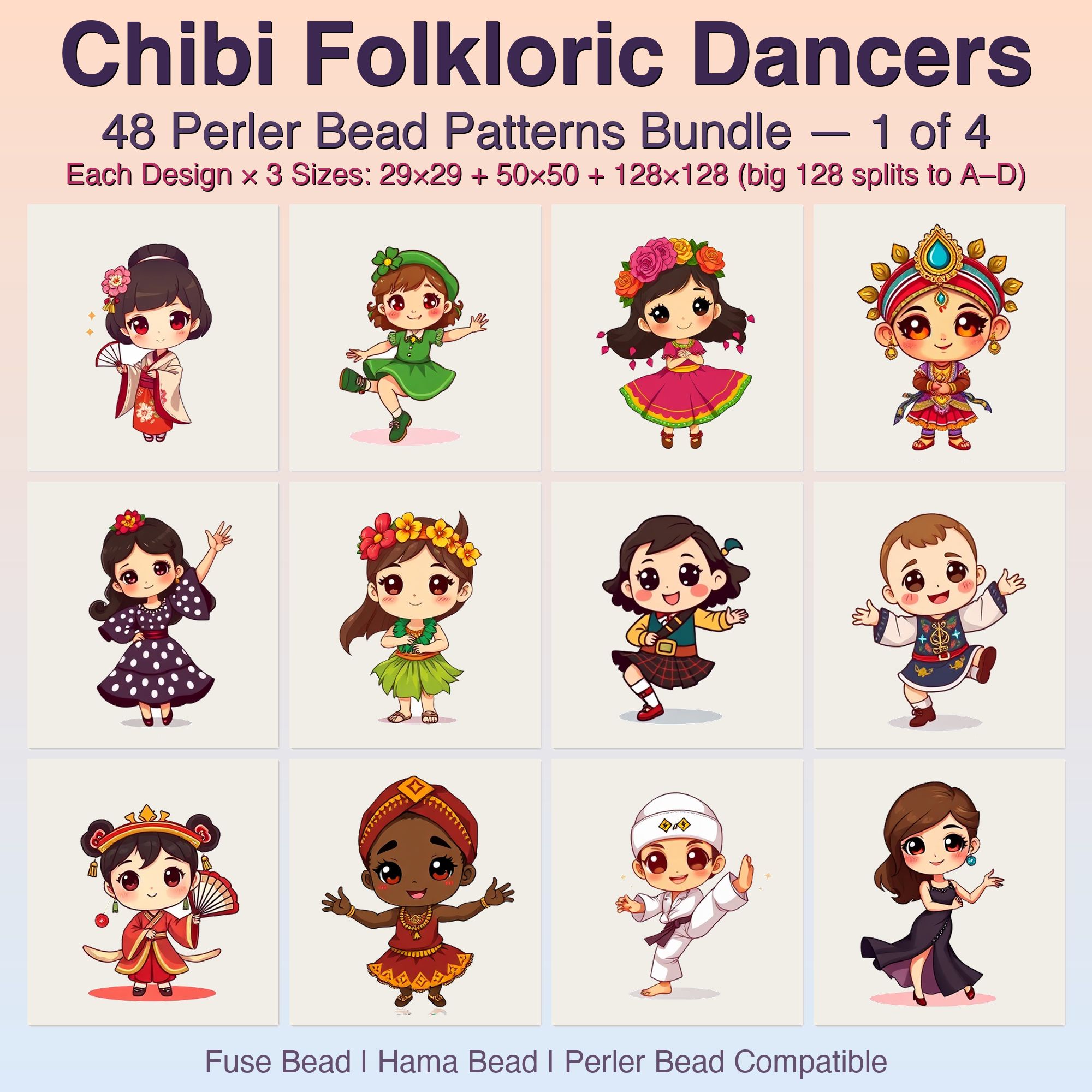 Chibi Folkloric Dancers Perler Bead Patterns, 48 Designs x 3 Grid Sizes (29x29 + 50x50 + 128x128), Fuse Bead PDF Digital Download