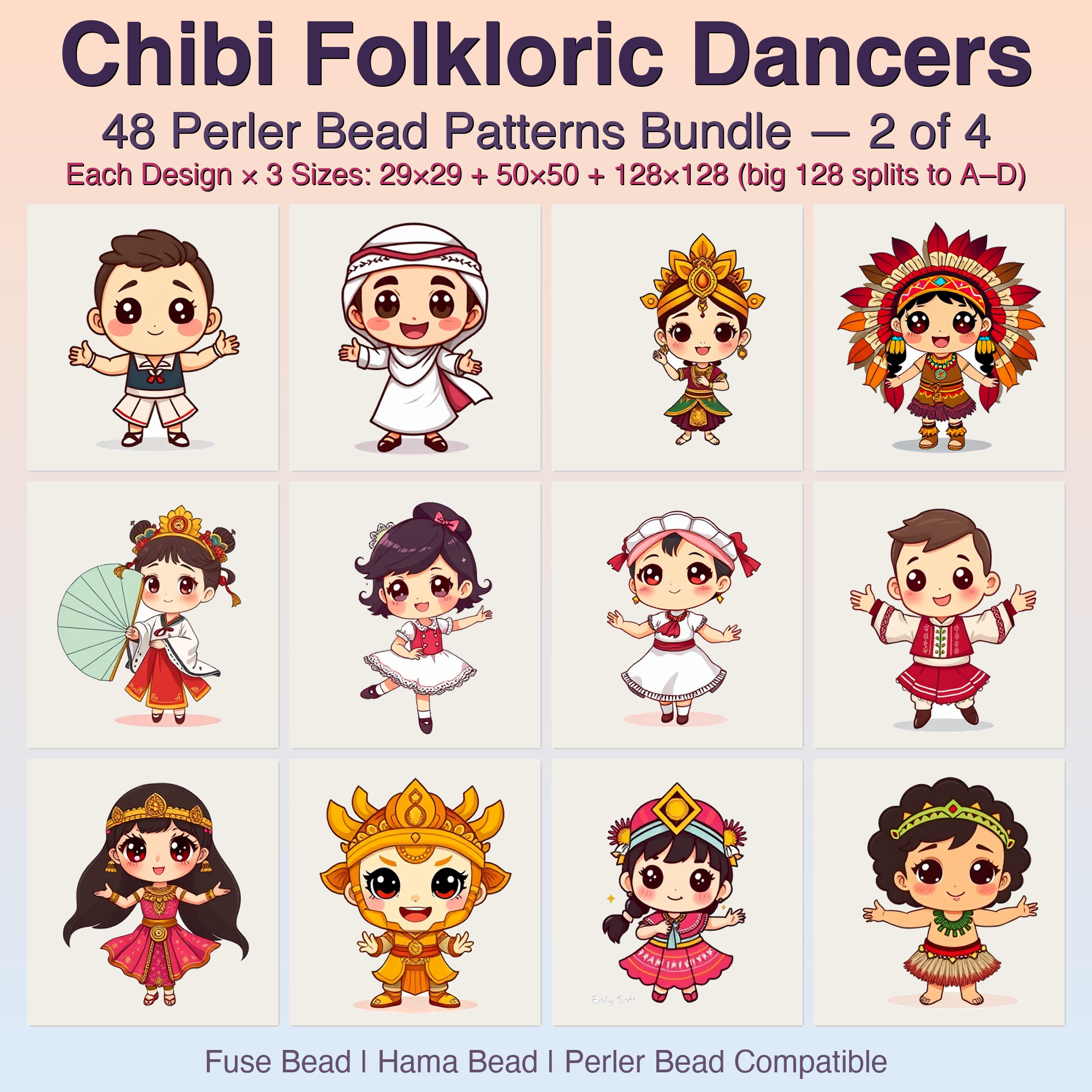 Chibi Folkloric Dancers Perler Bead Patterns, 48 Designs x 3 Grid Sizes (29x29 + 50x50 + 128x128), Fuse Bead PDF Digital Download