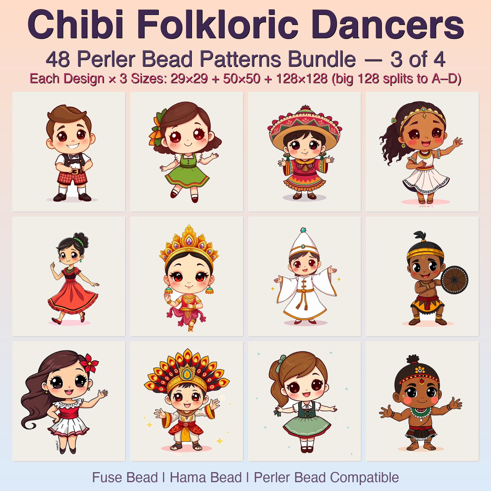 Chibi Folkloric Dancers Perler Bead Patterns, 48 Designs x 3 Grid Sizes (29x29 + 50x50 + 128x128), Fuse Bead PDF Digital Download