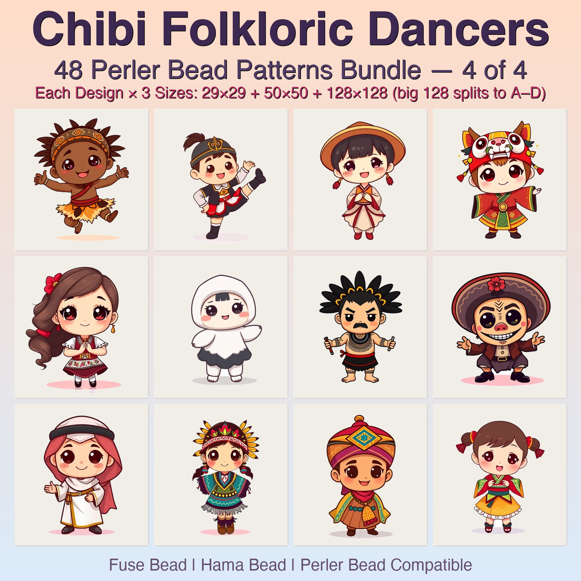 Chibi Folkloric Dancers Perler Bead Patterns, 48 Designs x 3 Grid Sizes (29x29 + 50x50 + 128x128), Fuse Bead PDF Digital Download