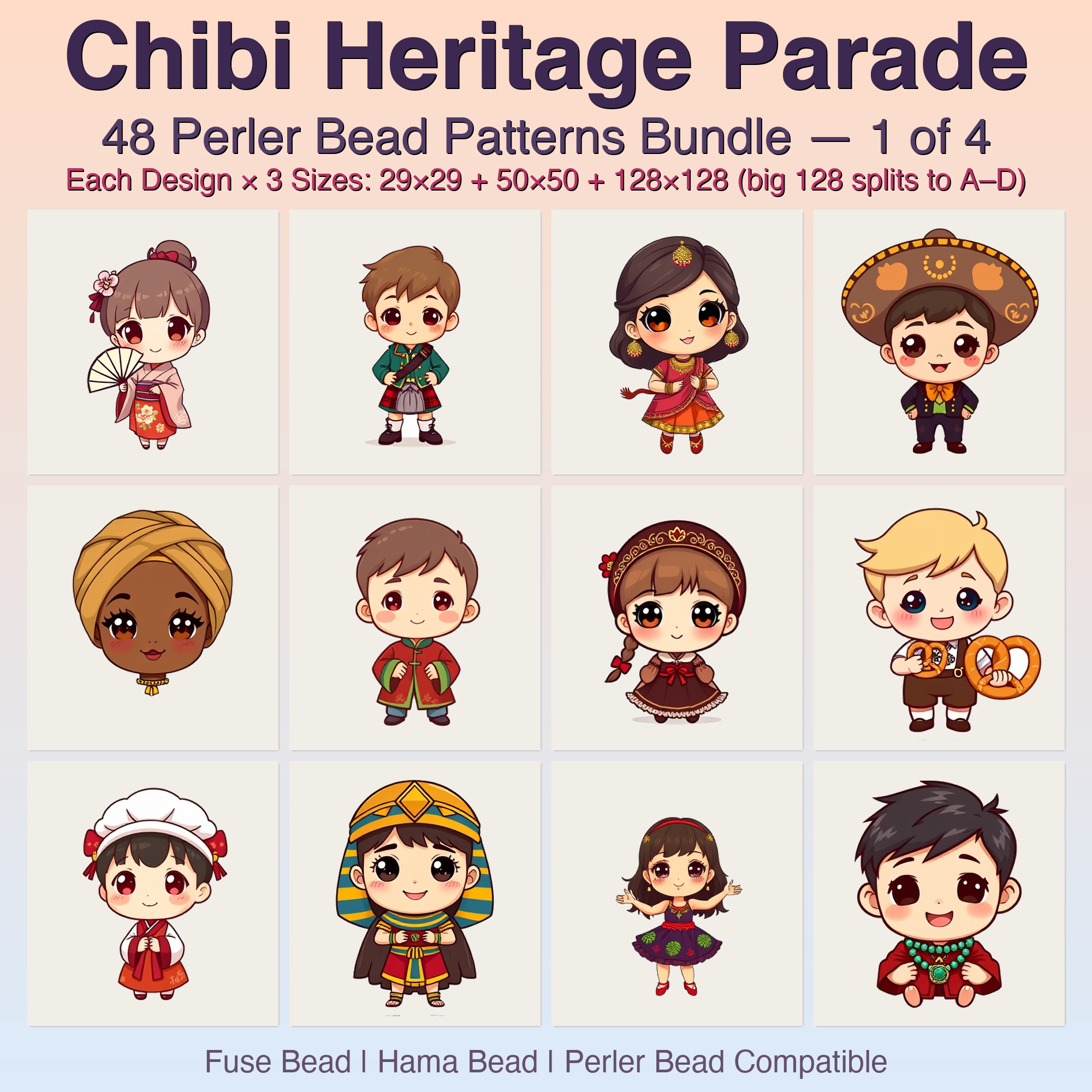 Chibi Heritage Parade Perler Bead Patterns, 48 Designs x 3 Grid Sizes (29x29 + 50x50 + 128x128), Fuse Bead PDF Digital Download