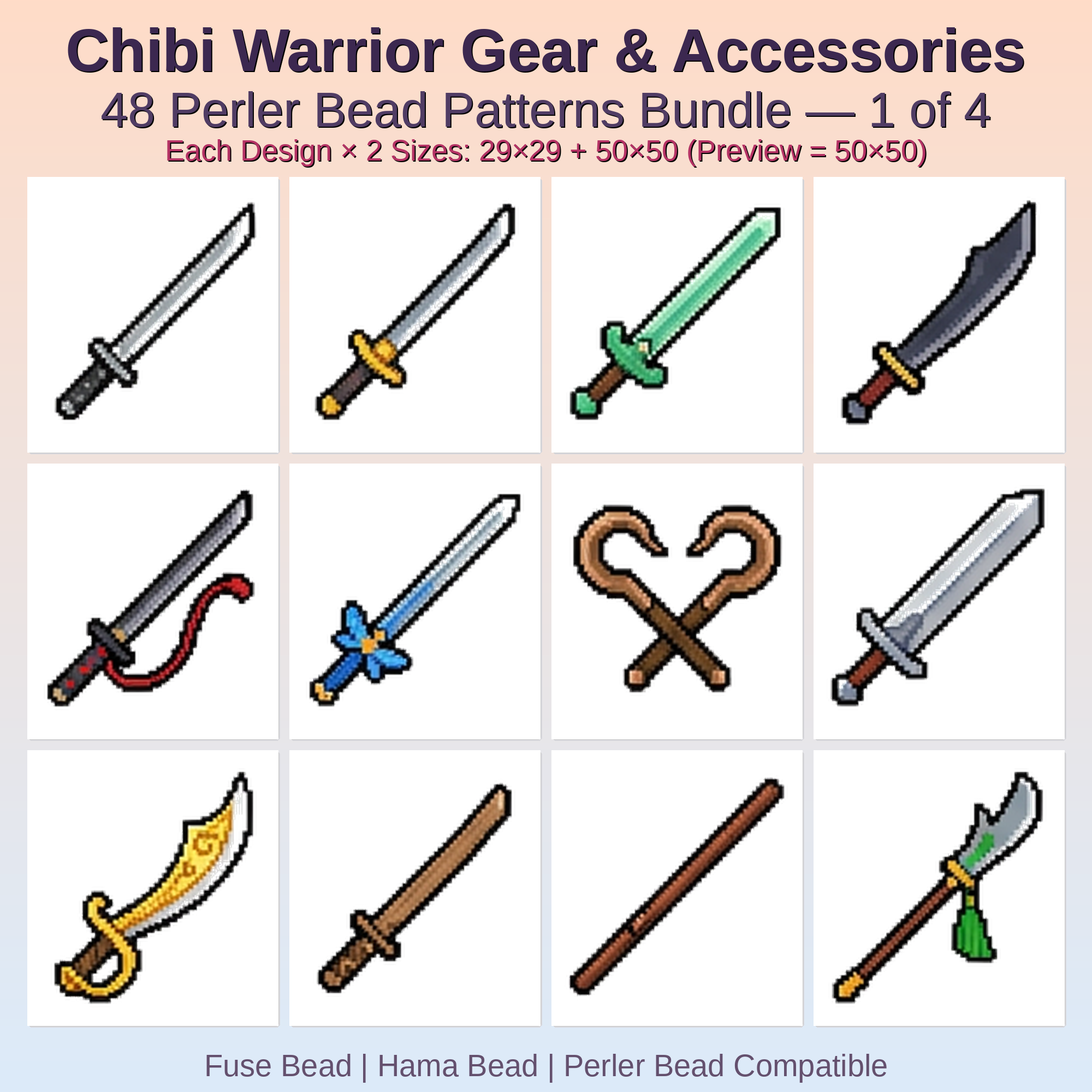 Chibi Warrior Gear & Accessories Perler Bead Patterns Bundle, 48 Designs (PDF Digital Download)