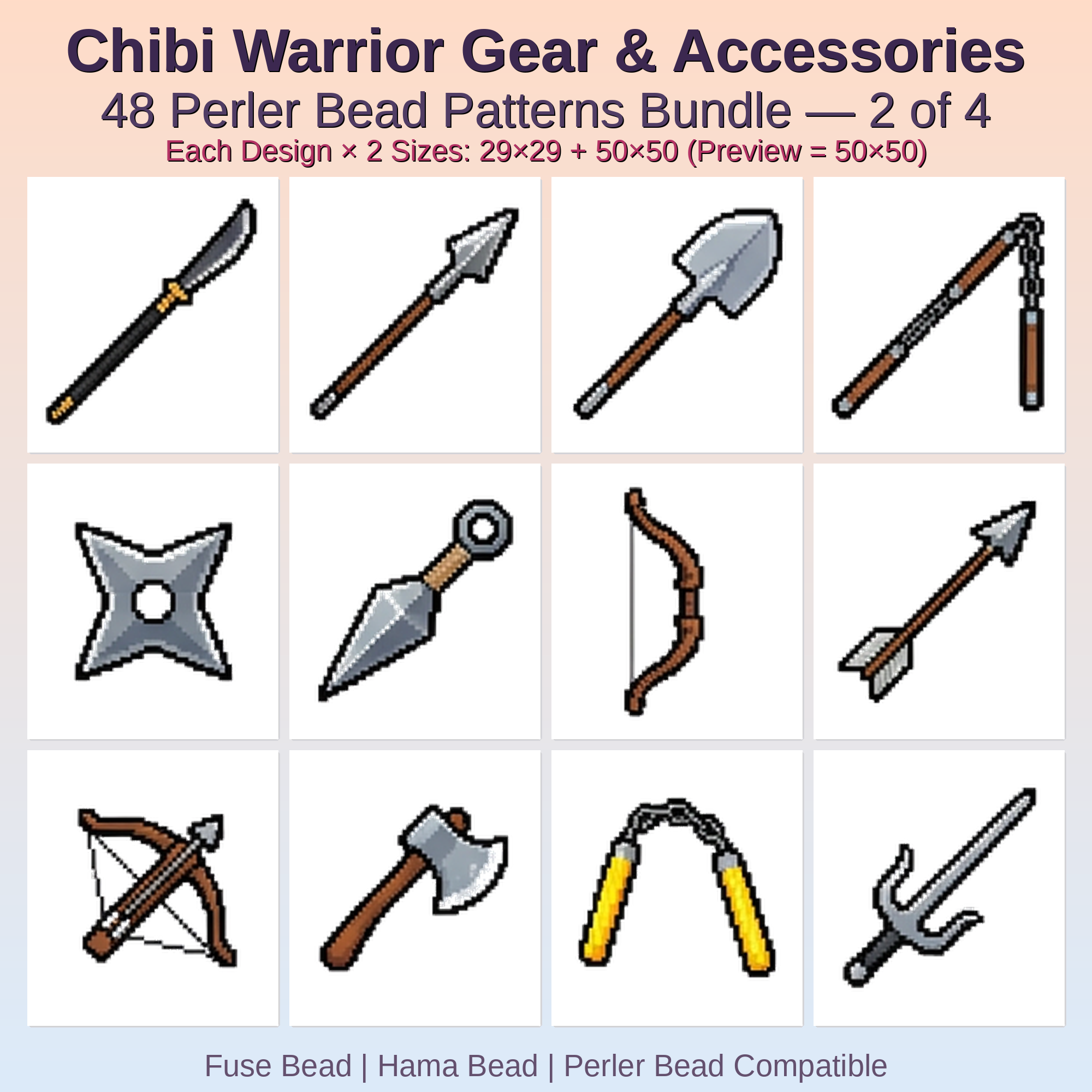 Chibi Warrior Gear & Accessories Perler Bead Patterns Bundle, 48 Designs (PDF Digital Download)