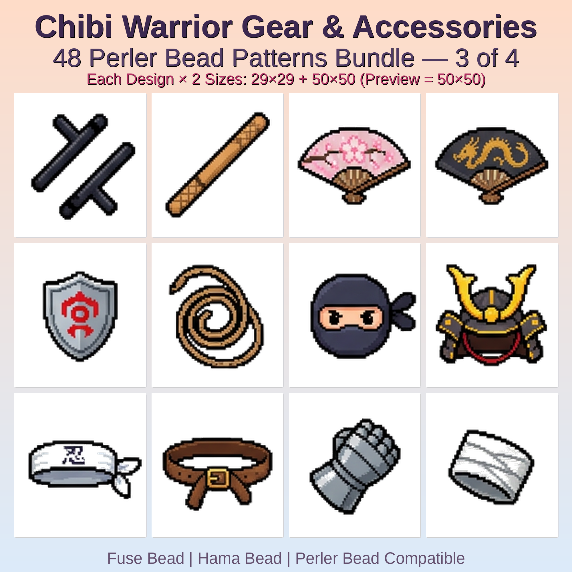 Chibi Warrior Gear & Accessories Perler Bead Patterns Bundle, 48 Designs (PDF Digital Download)