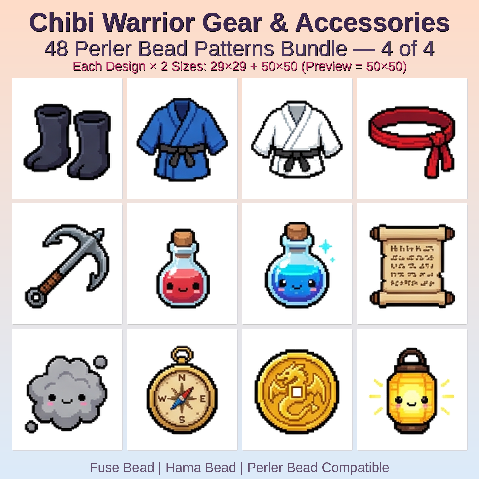Chibi Warrior Gear & Accessories Perler Bead Patterns Bundle, 48 Designs (PDF Digital Download)