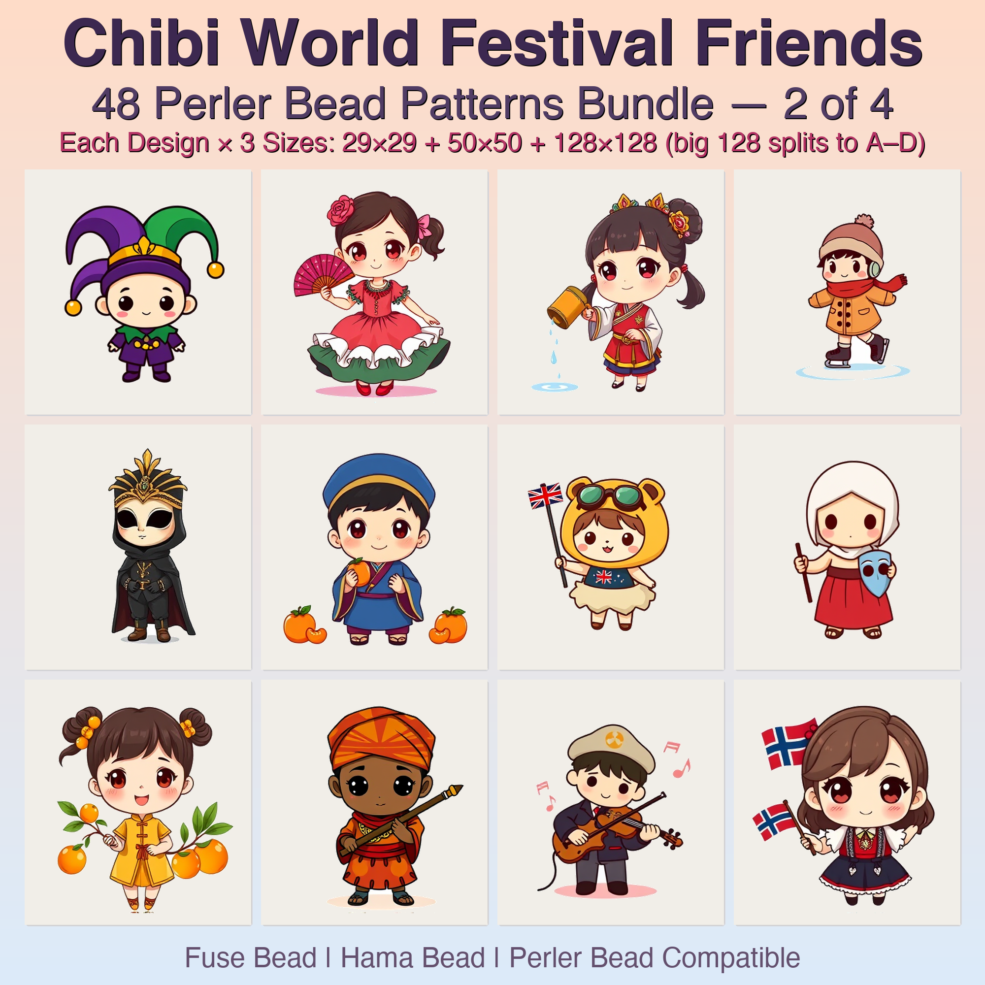 Chibi World Festival Friends Perler Bead Patterns, 48 Designs x 3 Grid Sizes (29x29 + 50x50 + 128x128), Fuse Bead PDF Digital Download