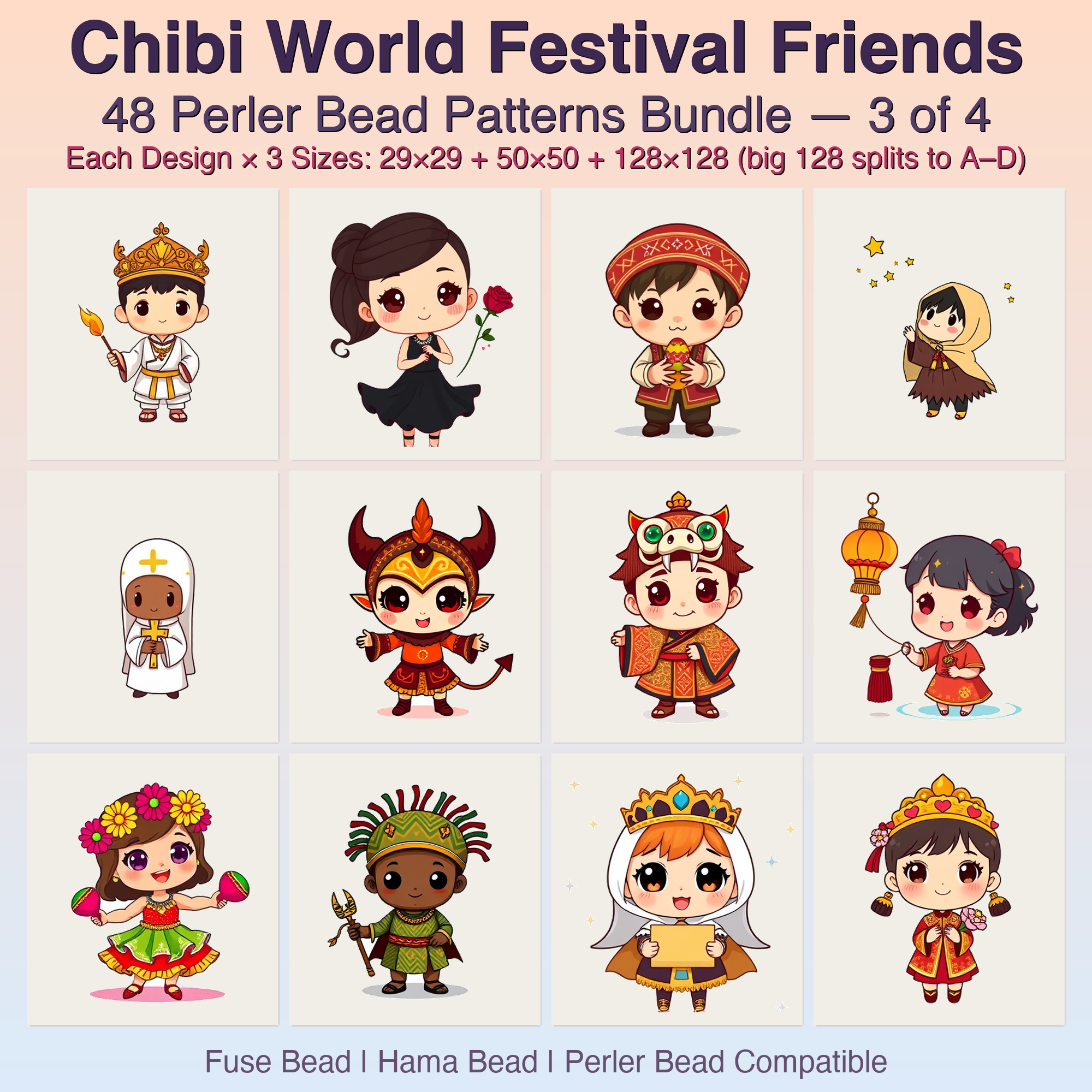 Chibi World Festival Friends Perler Bead Patterns, 48 Designs x 3 Grid Sizes (29x29 + 50x50 + 128x128), Fuse Bead PDF Digital Download