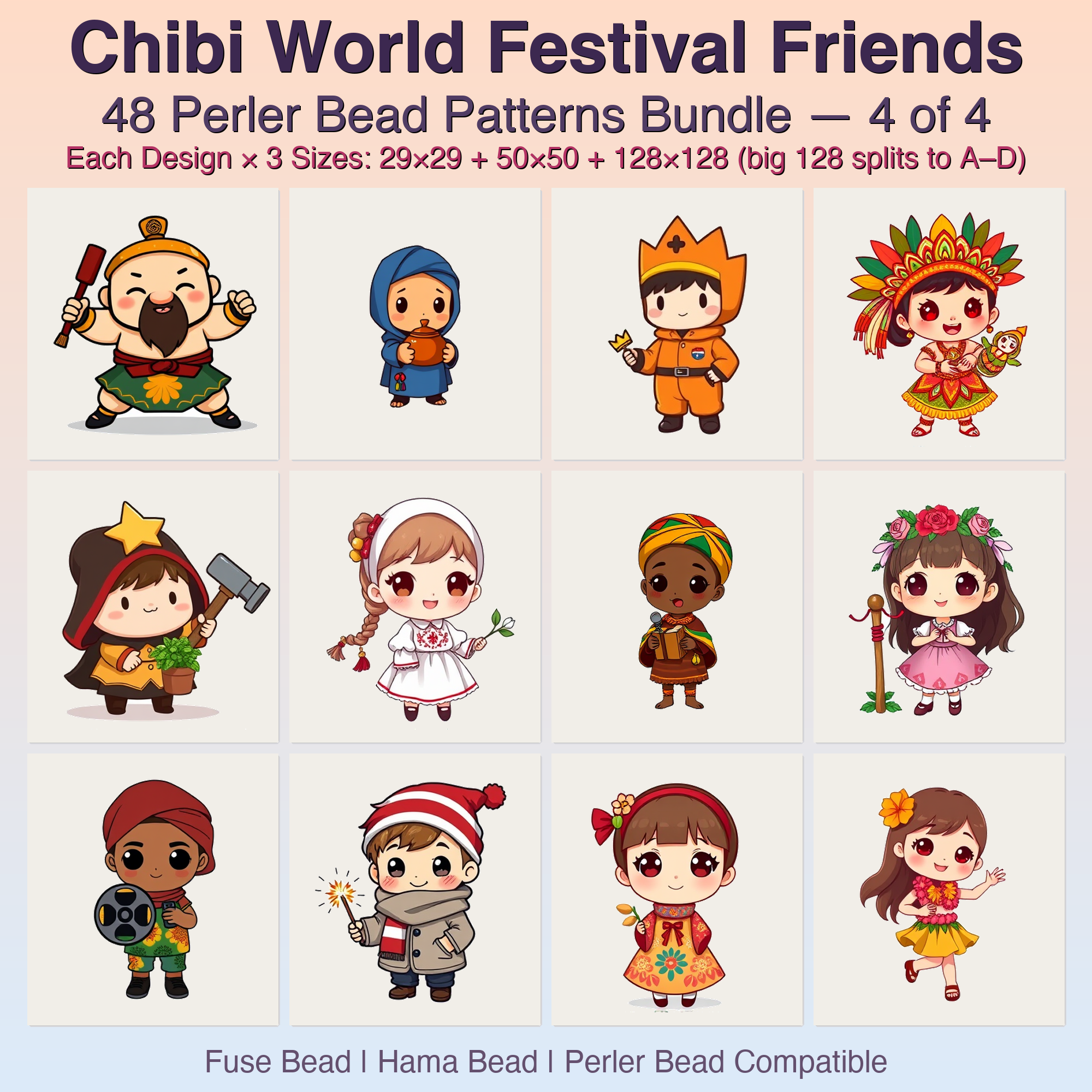 Chibi World Festival Friends Perler Bead Patterns, 48 Designs x 3 Grid Sizes (29x29 + 50x50 + 128x128), Fuse Bead PDF Digital Download