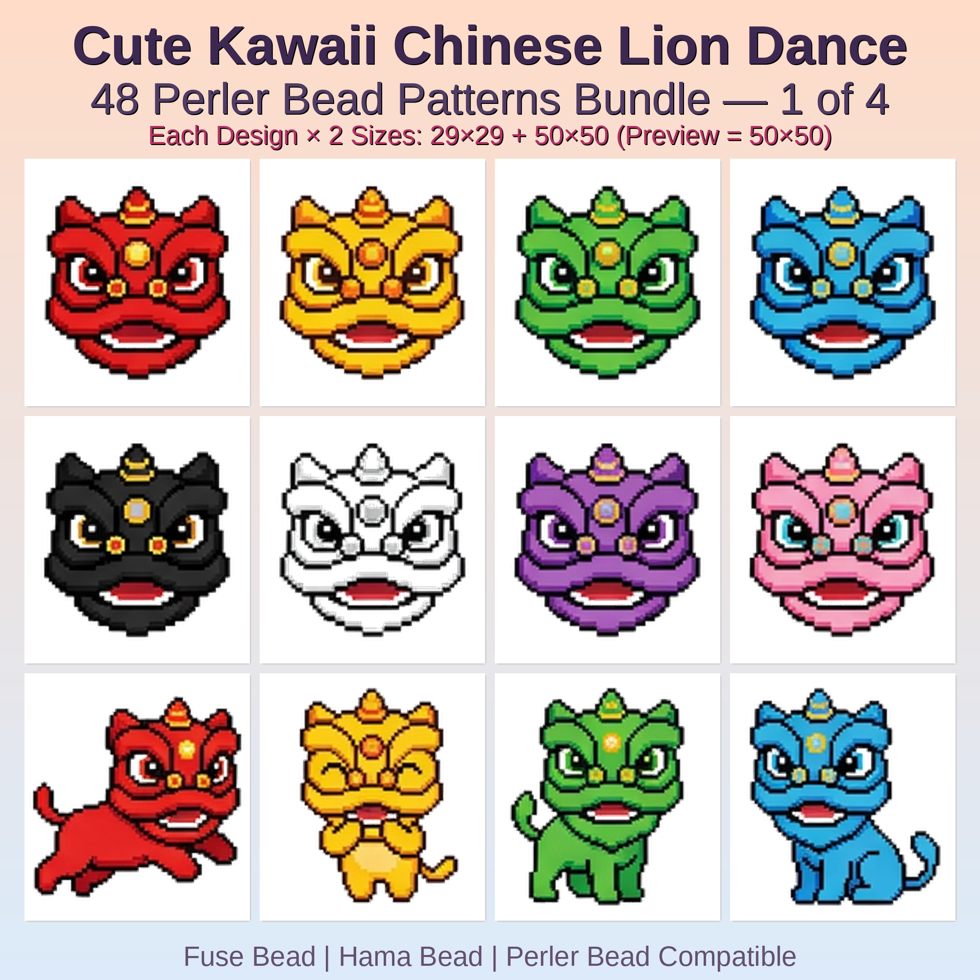 Cute Kawaii Chinese Lion Dance Perler Bead Patterns Bundle, 48 Designs (PDF Digital Download)
