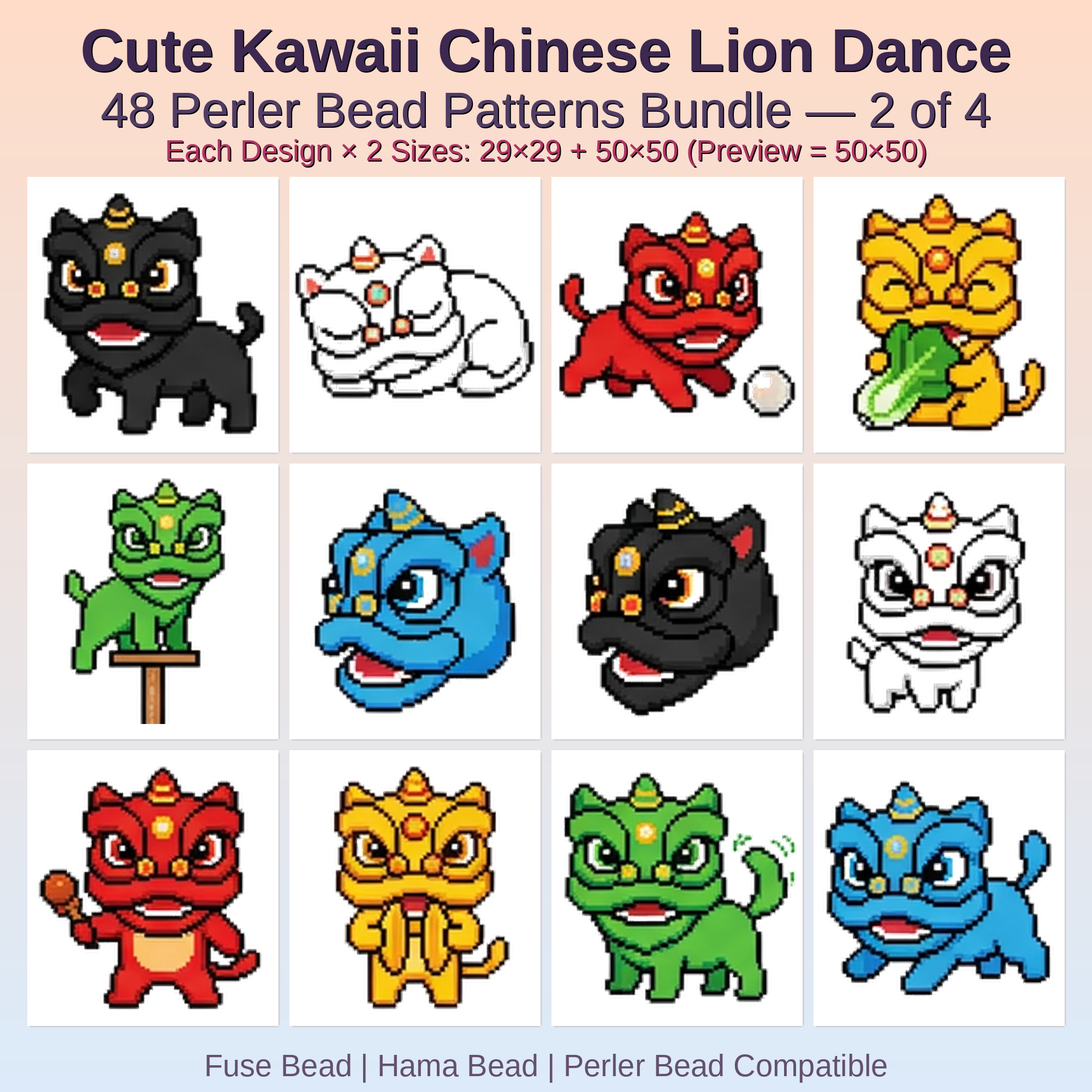 Cute Kawaii Chinese Lion Dance Perler Bead Patterns Bundle, 48 Designs (PDF Digital Download)