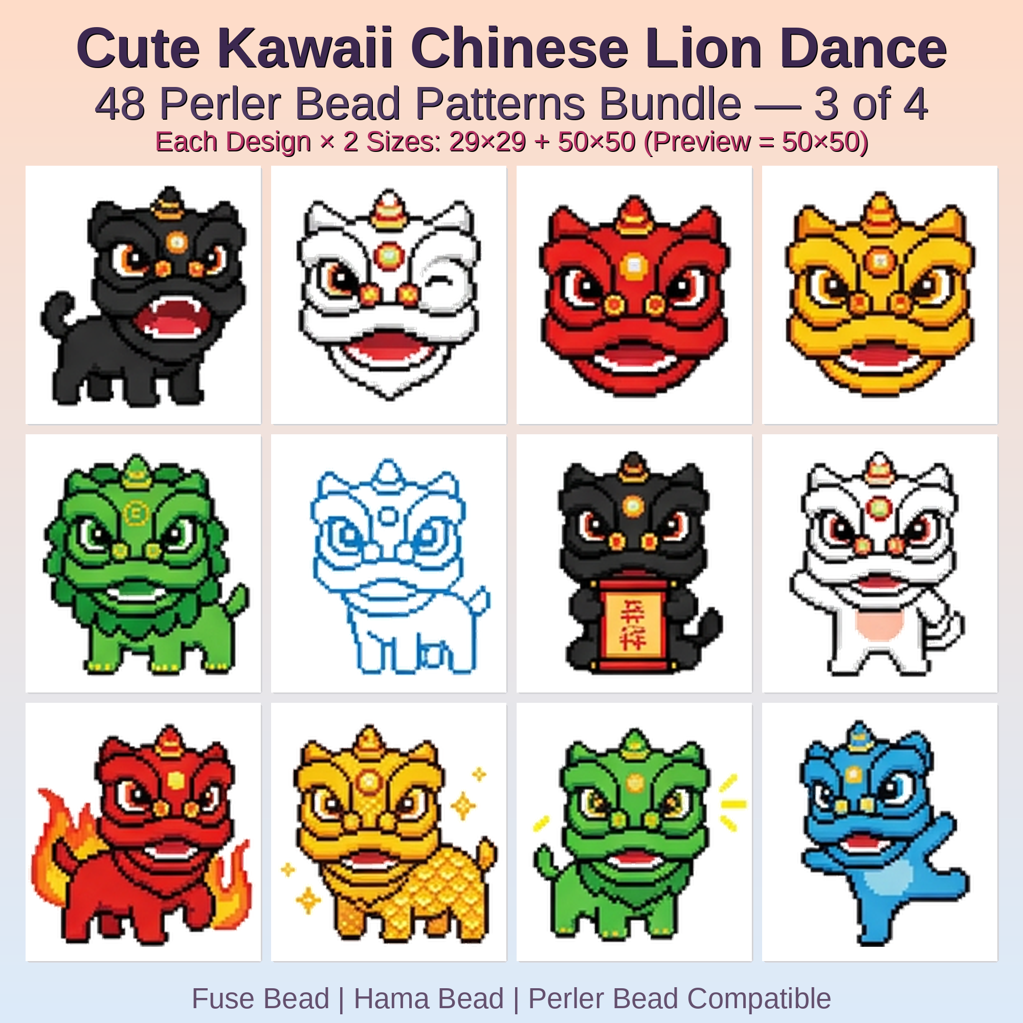 Cute Kawaii Chinese Lion Dance Perler Bead Patterns Bundle, 48 Designs (PDF Digital Download)