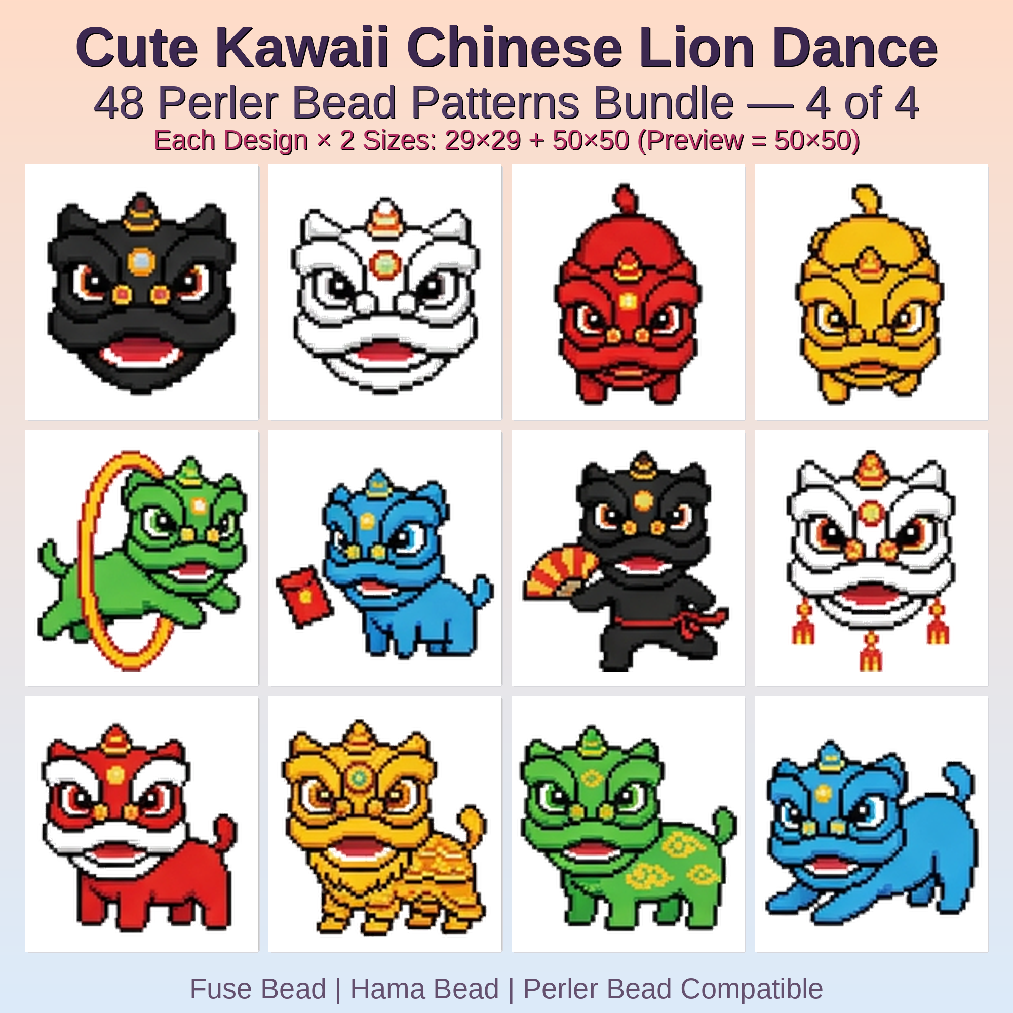 Cute Kawaii Chinese Lion Dance Perler Bead Patterns Bundle, 48 Designs (PDF Digital Download)