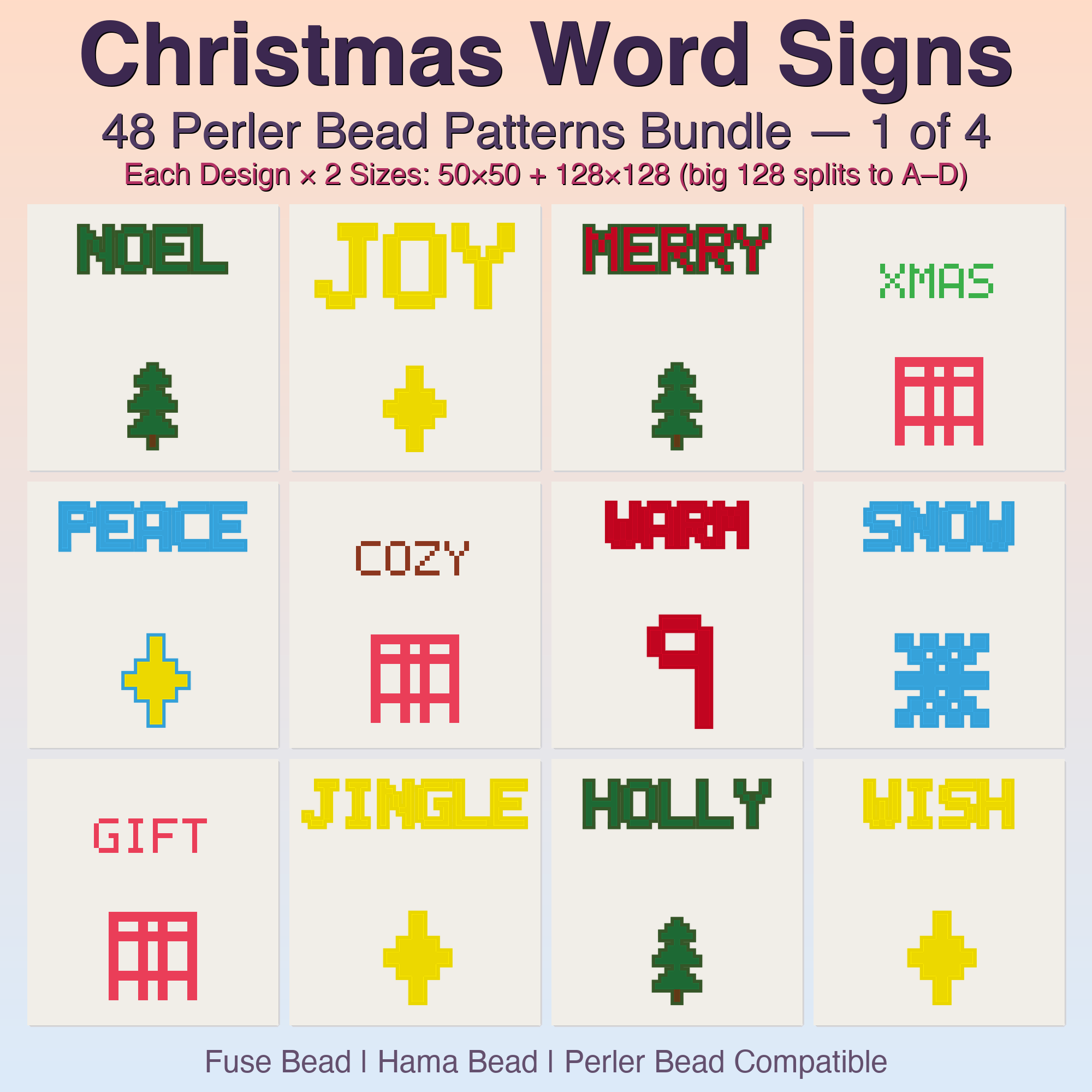 Christmas Word Signs Perler Bead Patterns, 48 Designs x 2 Grid Sizes (50x50 + 128x128), Fuse Bead PDF Digital Download