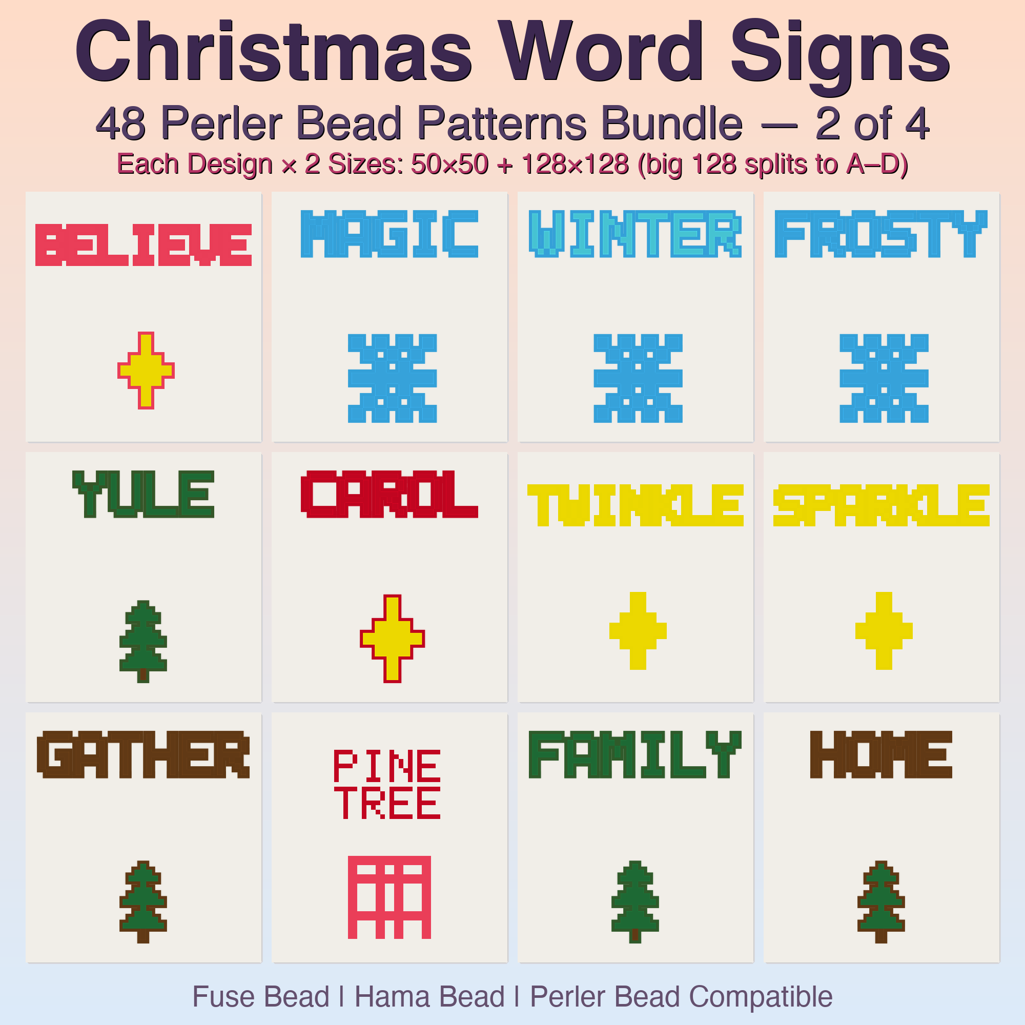 Christmas Word Signs Perler Bead Patterns, 48 Designs x 2 Grid Sizes (50x50 + 128x128), Fuse Bead PDF Digital Download