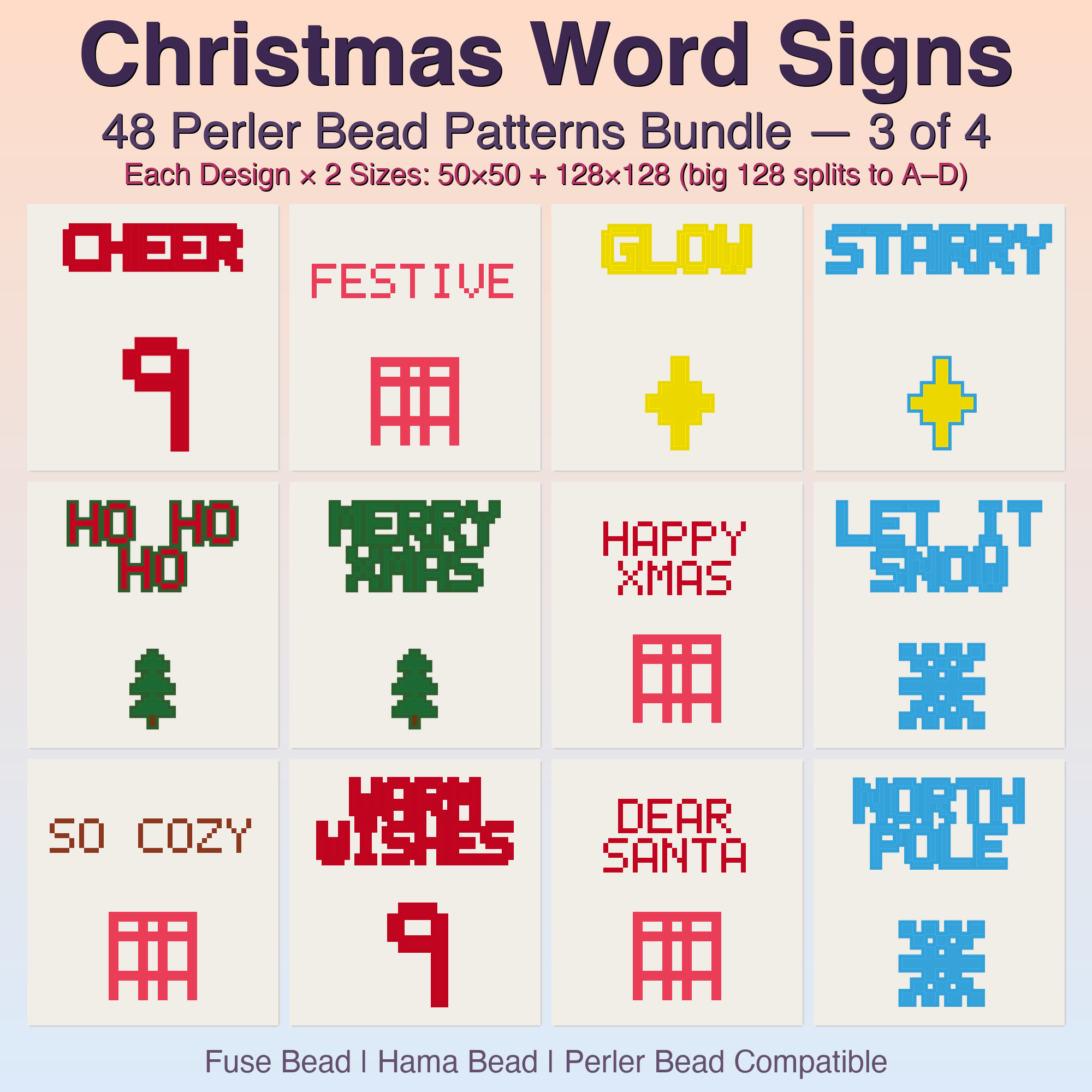 Christmas Word Signs Perler Bead Patterns, 48 Designs x 2 Grid Sizes (50x50 + 128x128), Fuse Bead PDF Digital Download