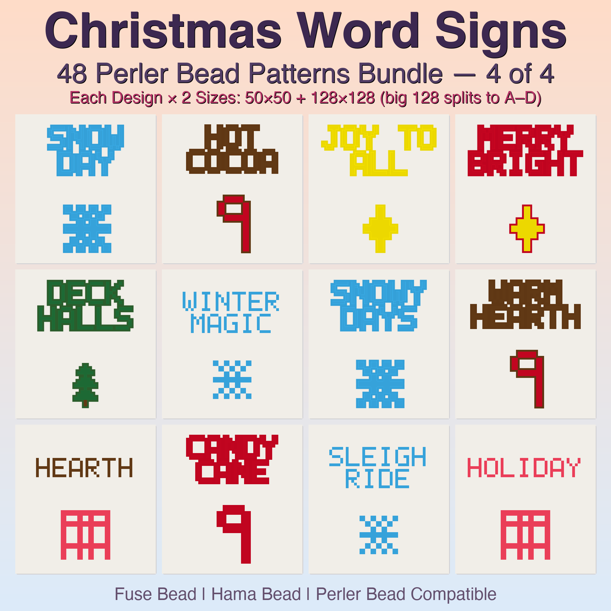 Christmas Word Signs Perler Bead Patterns, 48 Designs x 2 Grid Sizes (50x50 + 128x128), Fuse Bead PDF Digital Download