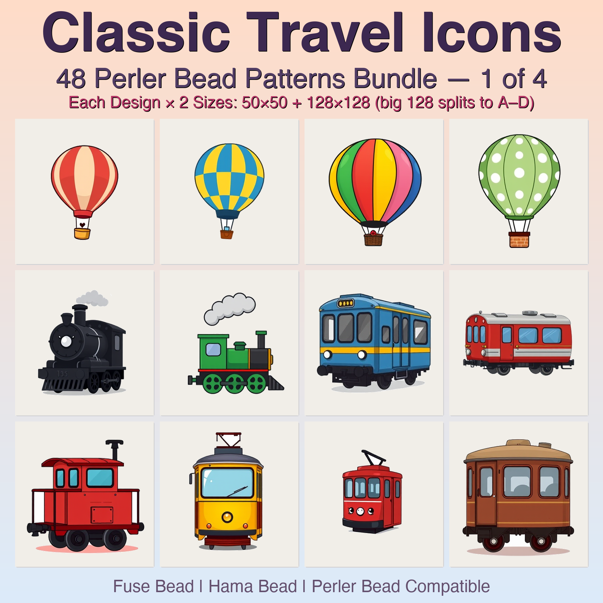 Classic Travel Icons Perler Bead Patterns, 48 Designs x 2 Grid Sizes (50x50 + 128x128), Fuse Bead PDF Digital Download
