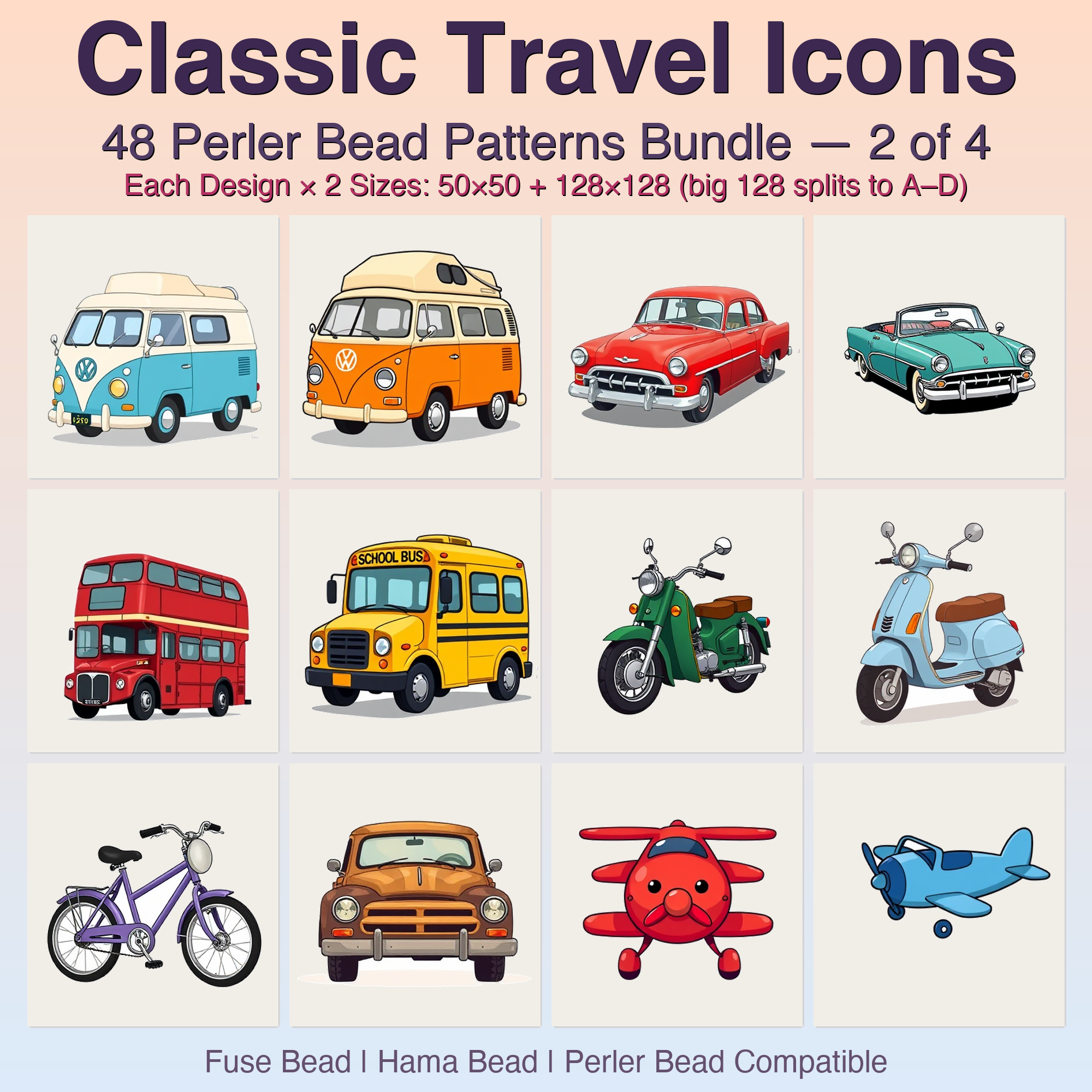 Classic Travel Icons Perler Bead Patterns, 48 Designs x 2 Grid Sizes (50x50 + 128x128), Fuse Bead PDF Digital Download