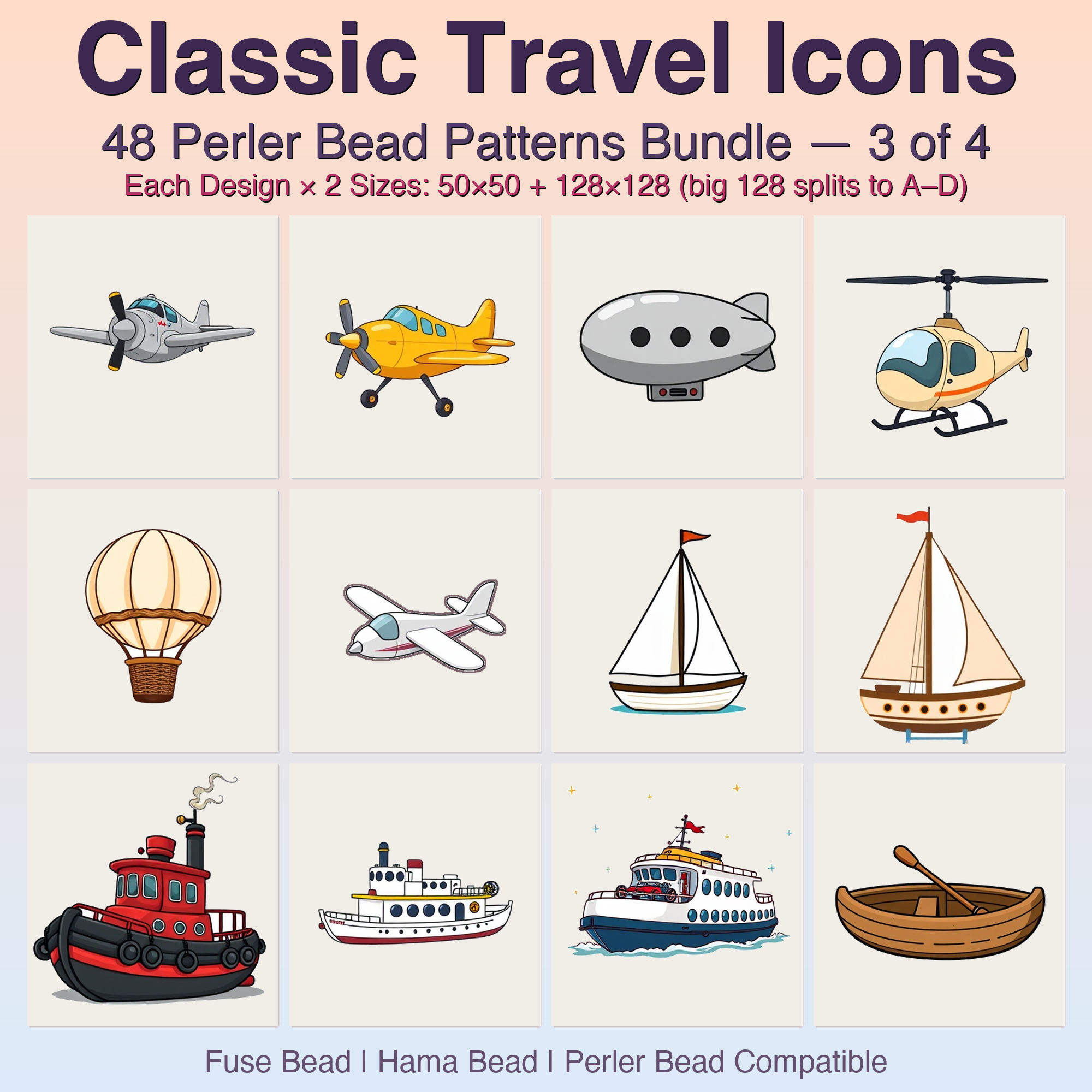Classic Travel Icons Perler Bead Patterns, 48 Designs x 2 Grid Sizes (50x50 + 128x128), Fuse Bead PDF Digital Download