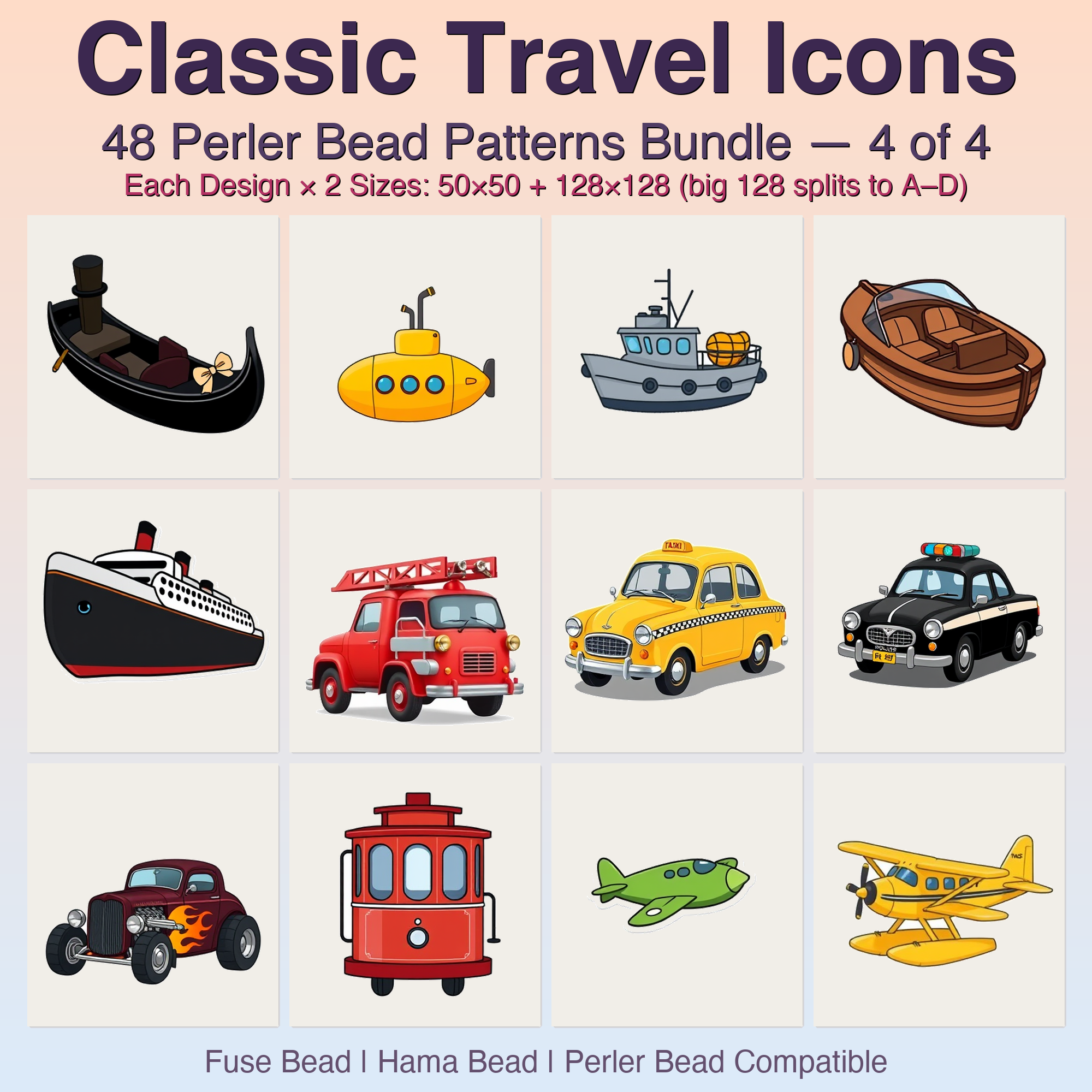 Classic Travel Icons Perler Bead Patterns, 48 Designs x 2 Grid Sizes (50x50 + 128x128), Fuse Bead PDF Digital Download