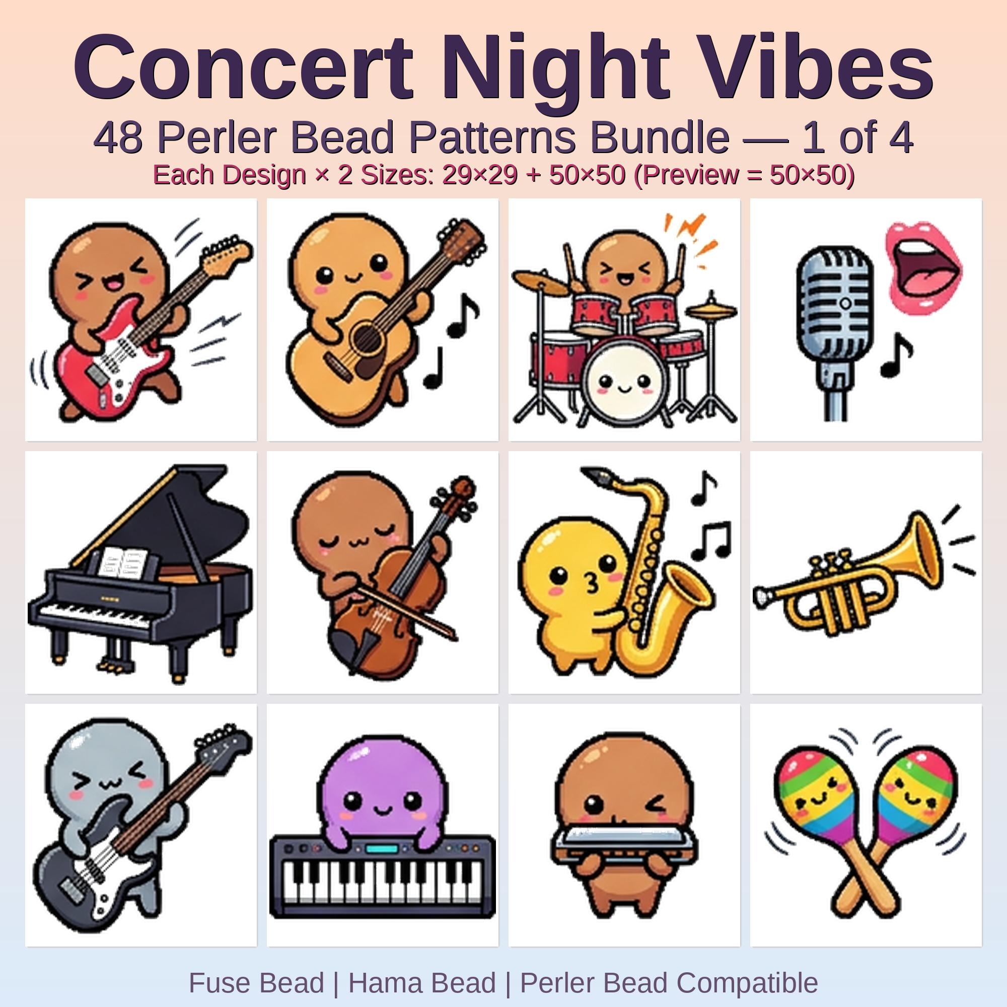 Concert Night Vibes Perler Bead Patterns Bundle, 48 Designs (PDF Digital Download)