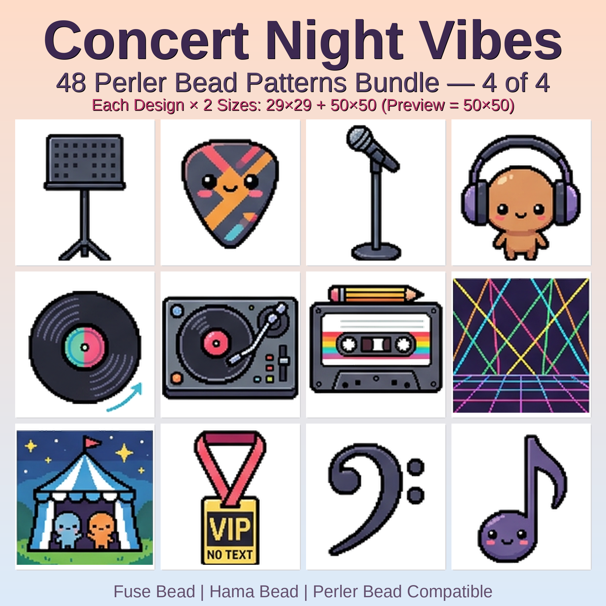Concert Night Vibes Perler Bead Patterns Bundle, 48 Designs (PDF Digital Download)