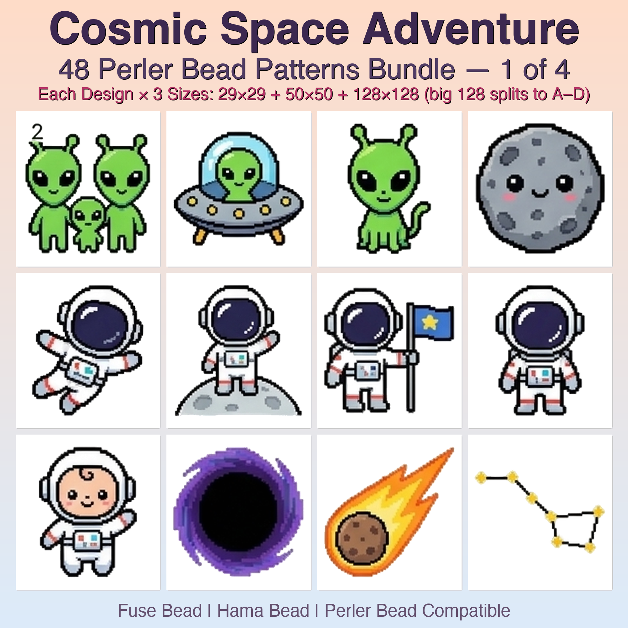 Cosmic Space Adventure Perler Bead Patterns, 48 Designs x 3 Grid Sizes (29x29 + 50x50 + 128x128), Fuse Bead PDF Digital Download