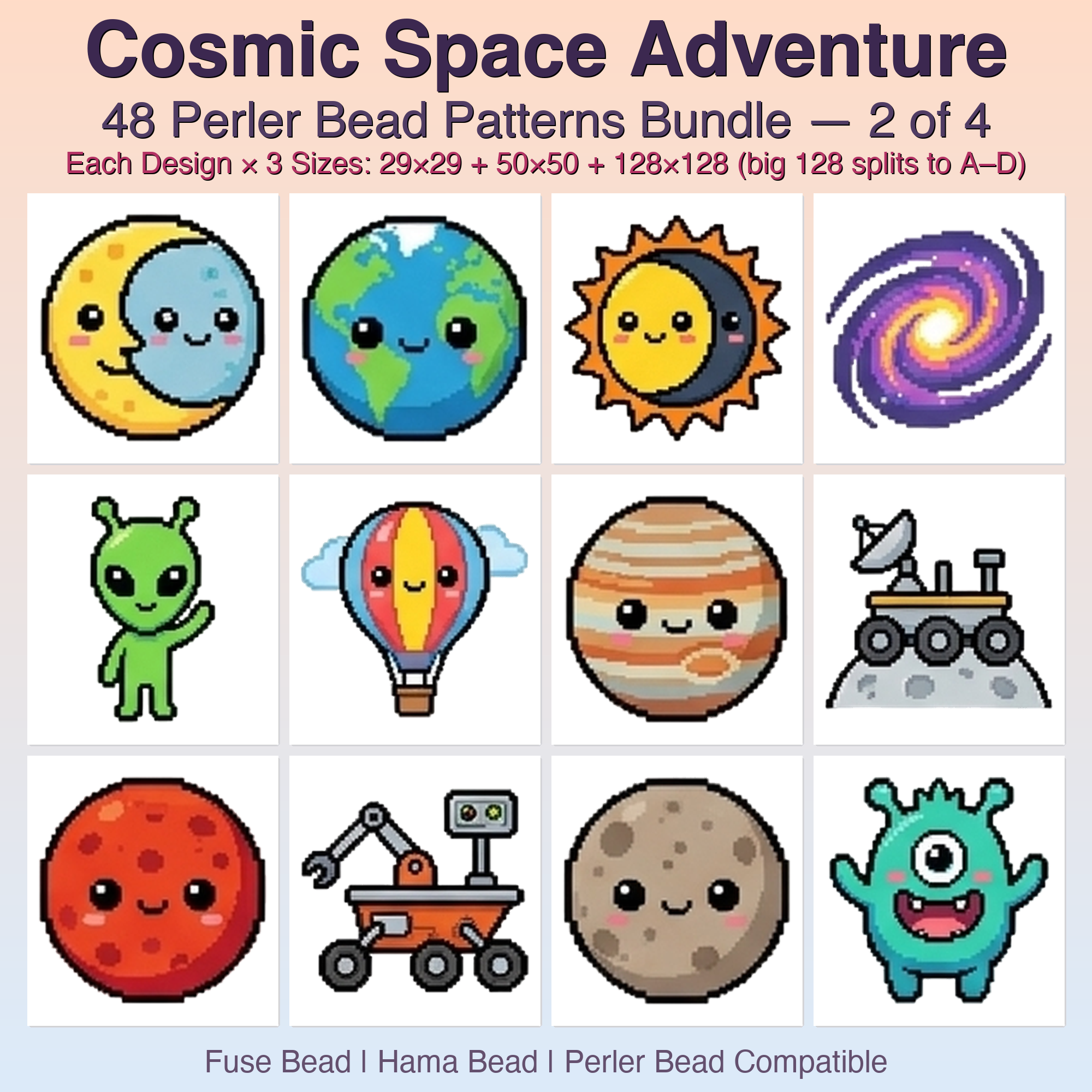 Cosmic Space Adventure Perler Bead Patterns, 48 Designs x 3 Grid Sizes (29x29 + 50x50 + 128x128), Fuse Bead PDF Digital Download